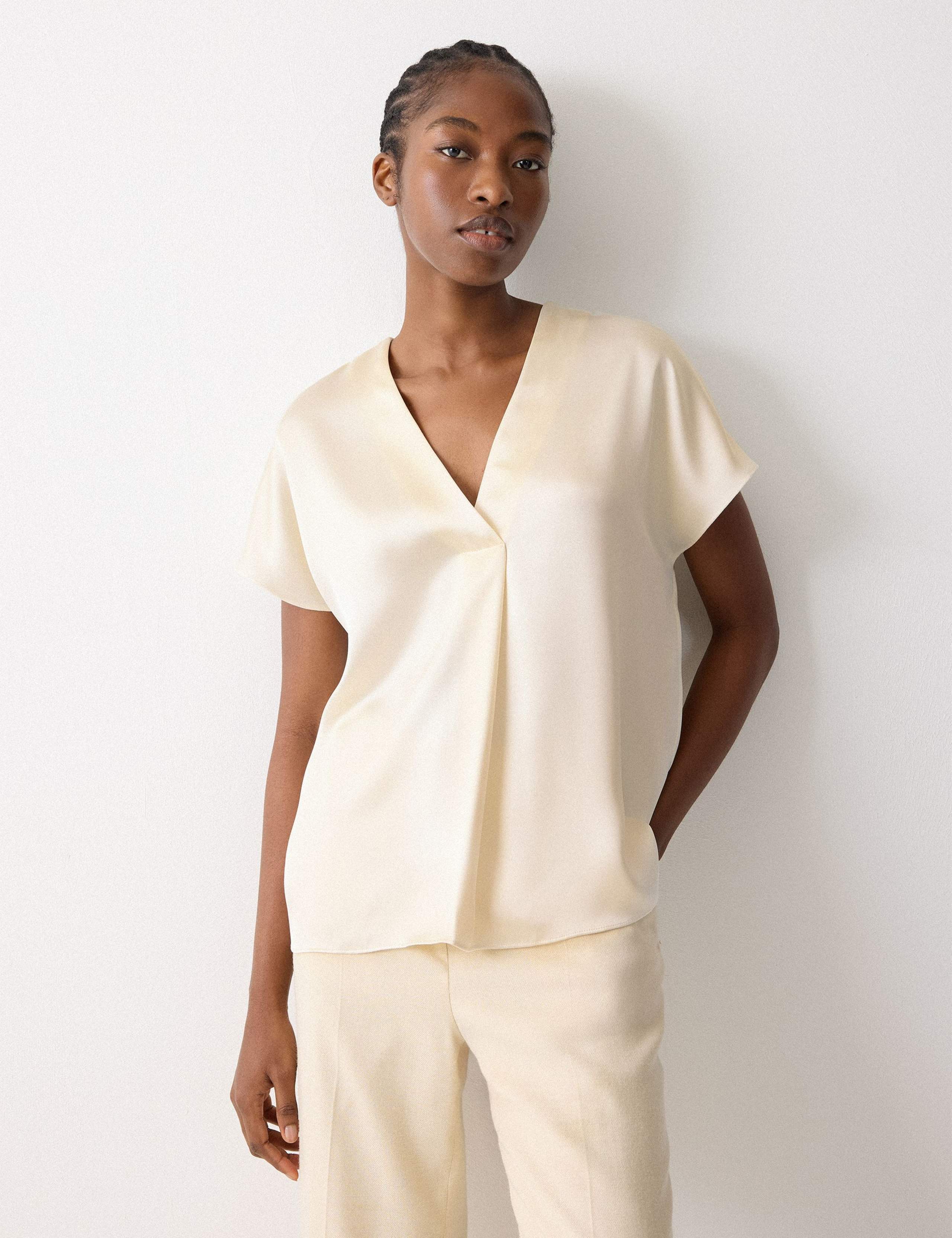 Satin V-Neck Pleat Front Relaxed Blouse