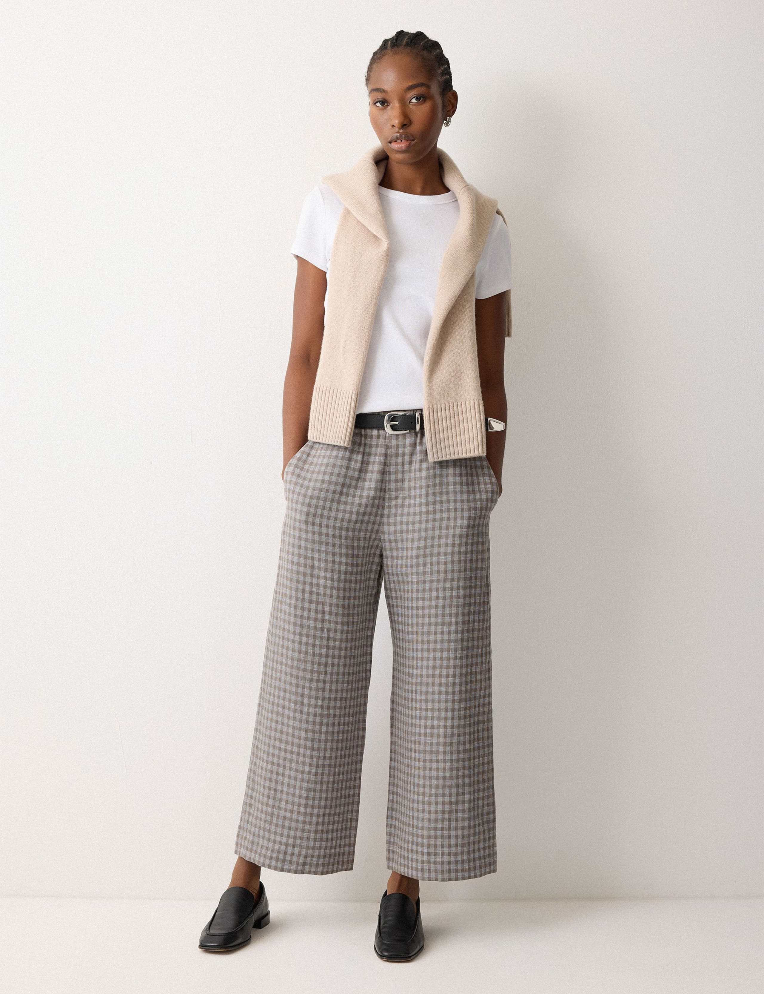 Pure Linen Checked Wide Leg Trousers