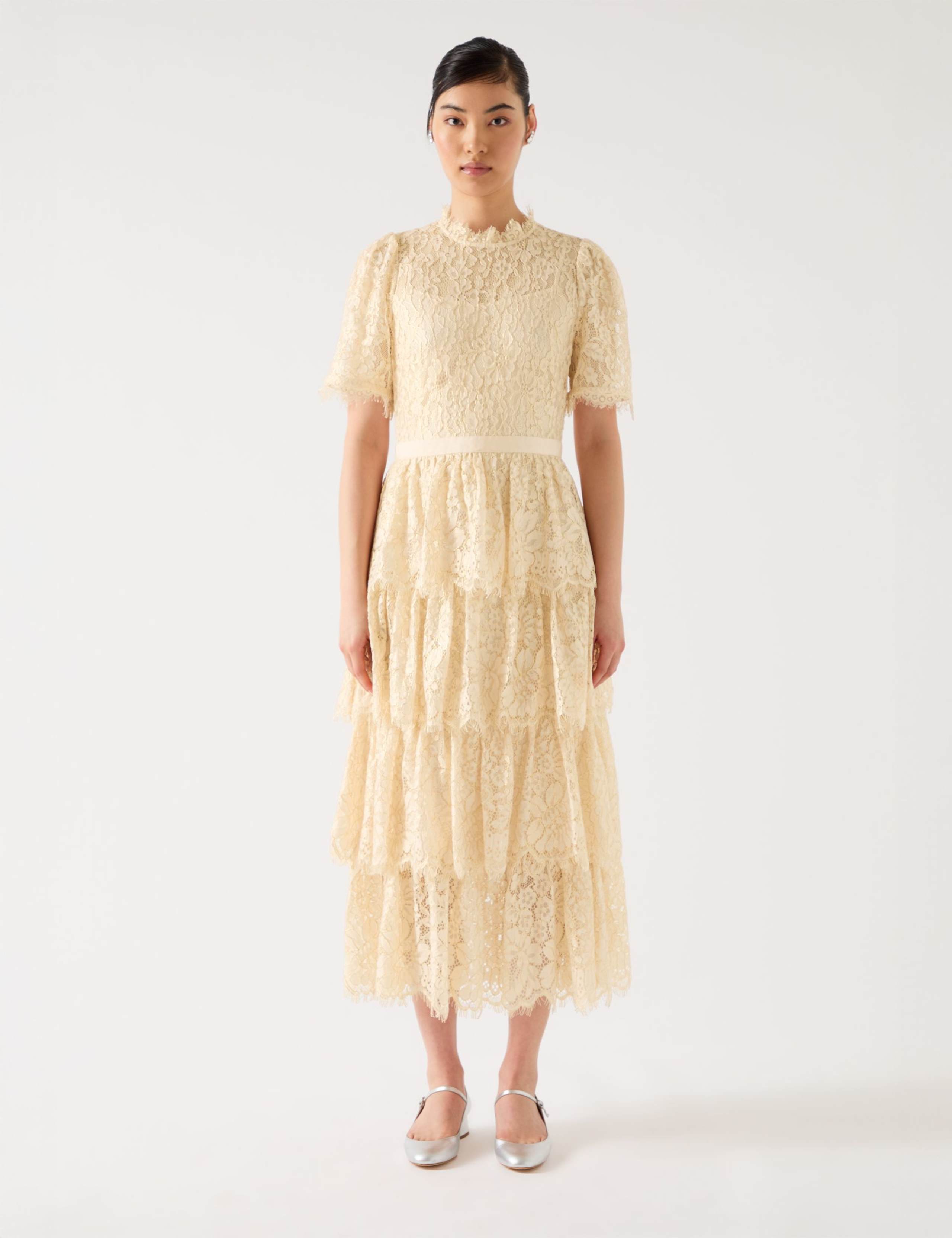 Cotton Blend Lace Ruffle Midaxi Tiered Dress