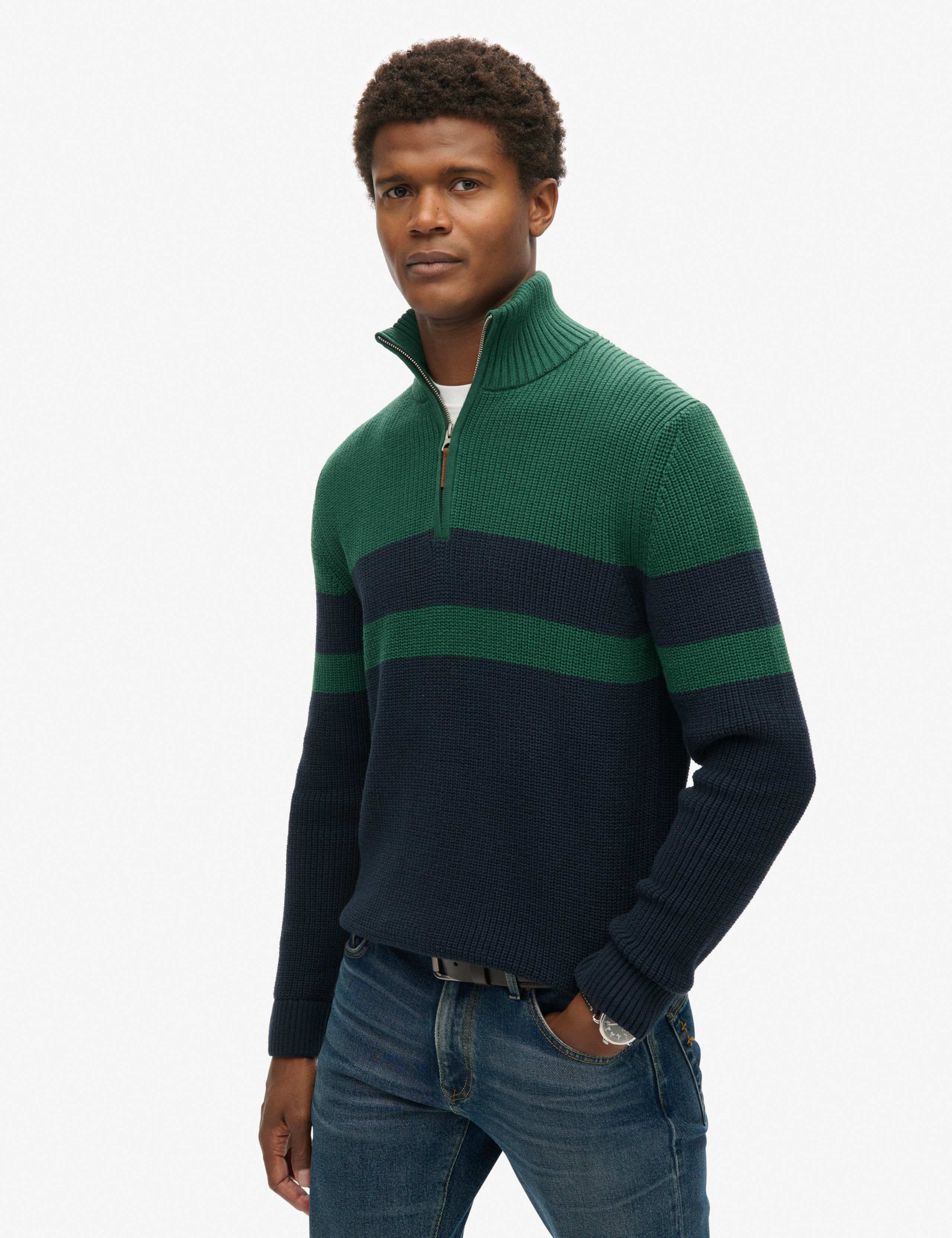 Pure Cotton Striped Half Zip Jumper