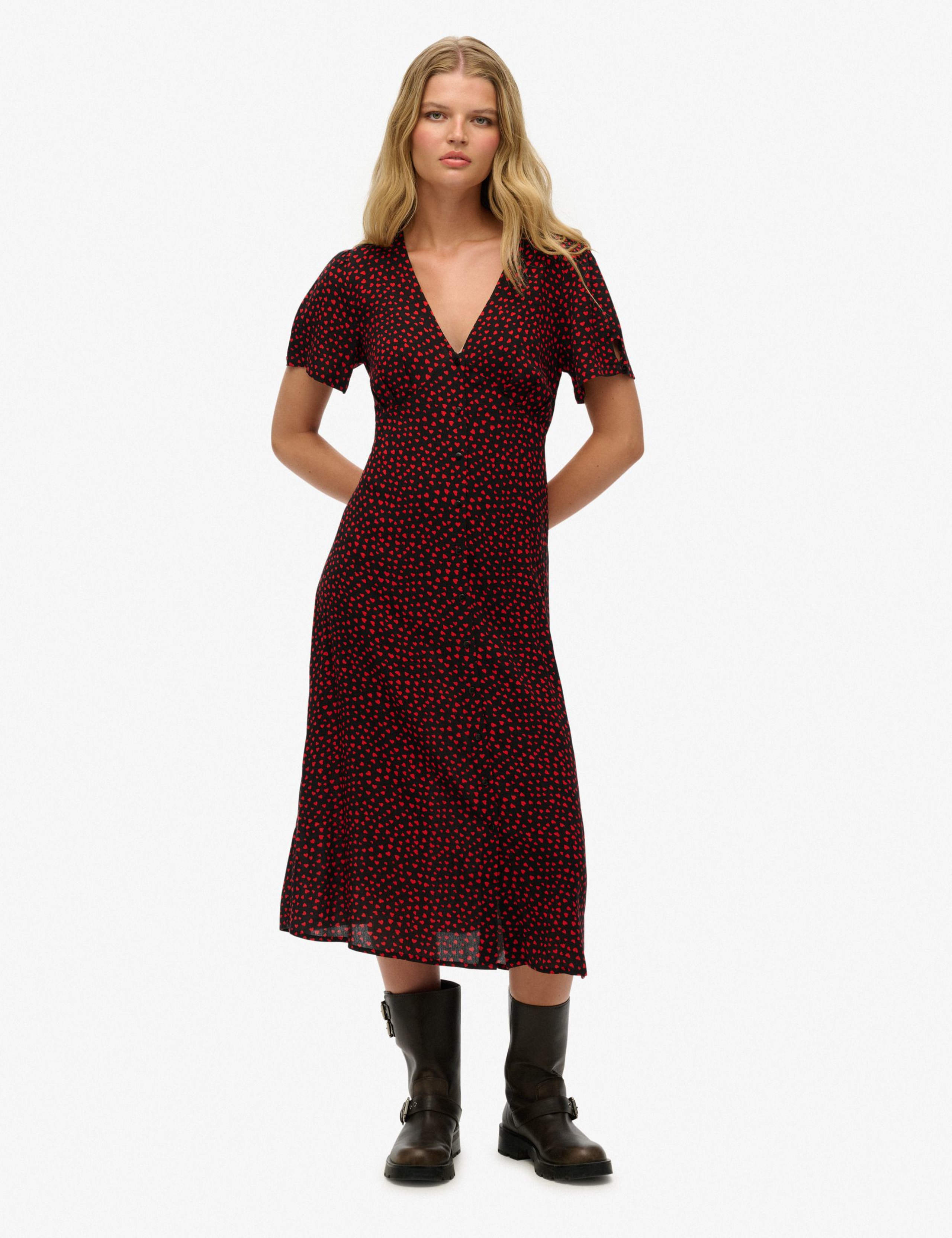 Heart Print V-Neck Midi Tea Dress