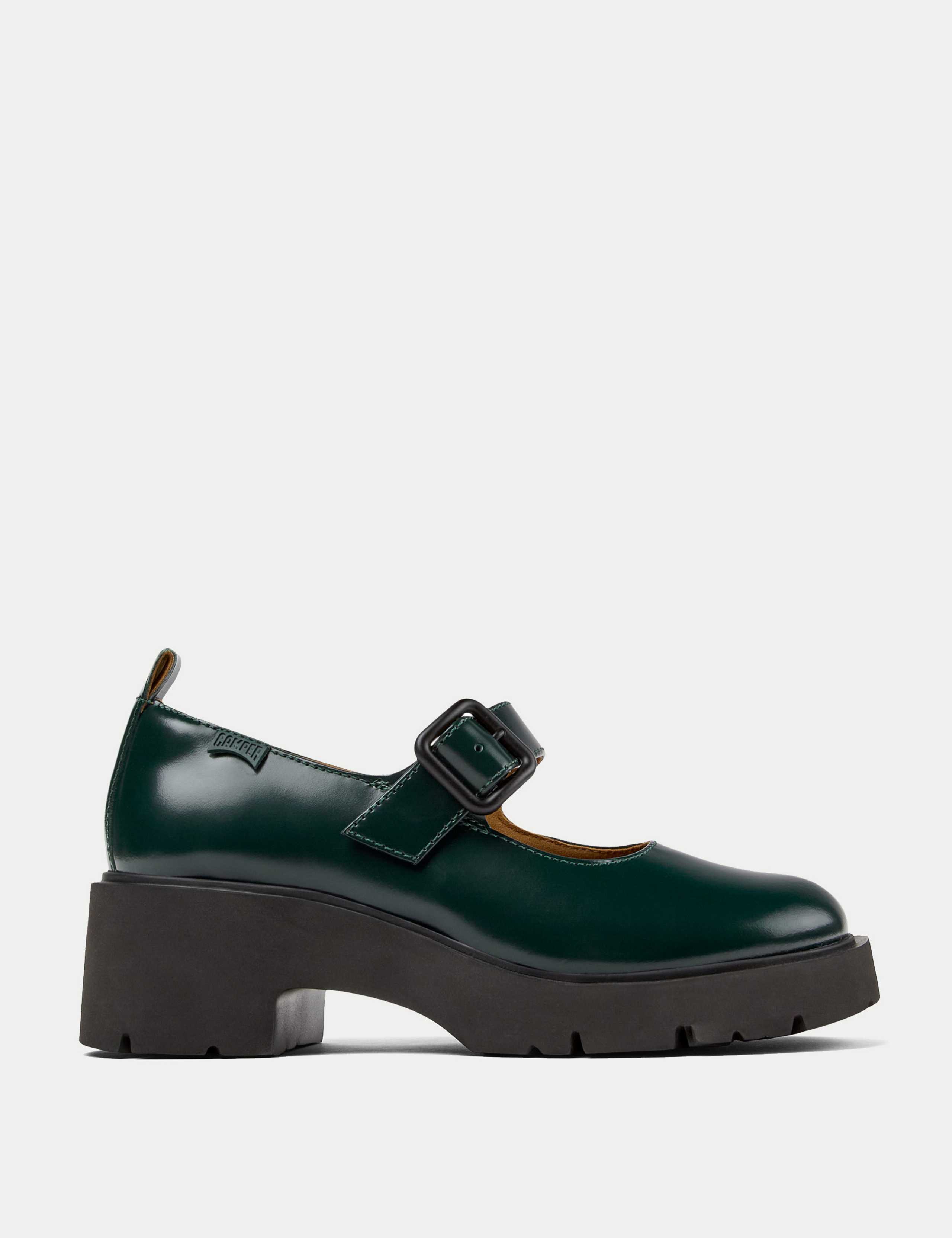 Leather Buckle Block Heel Round Toe Loafers