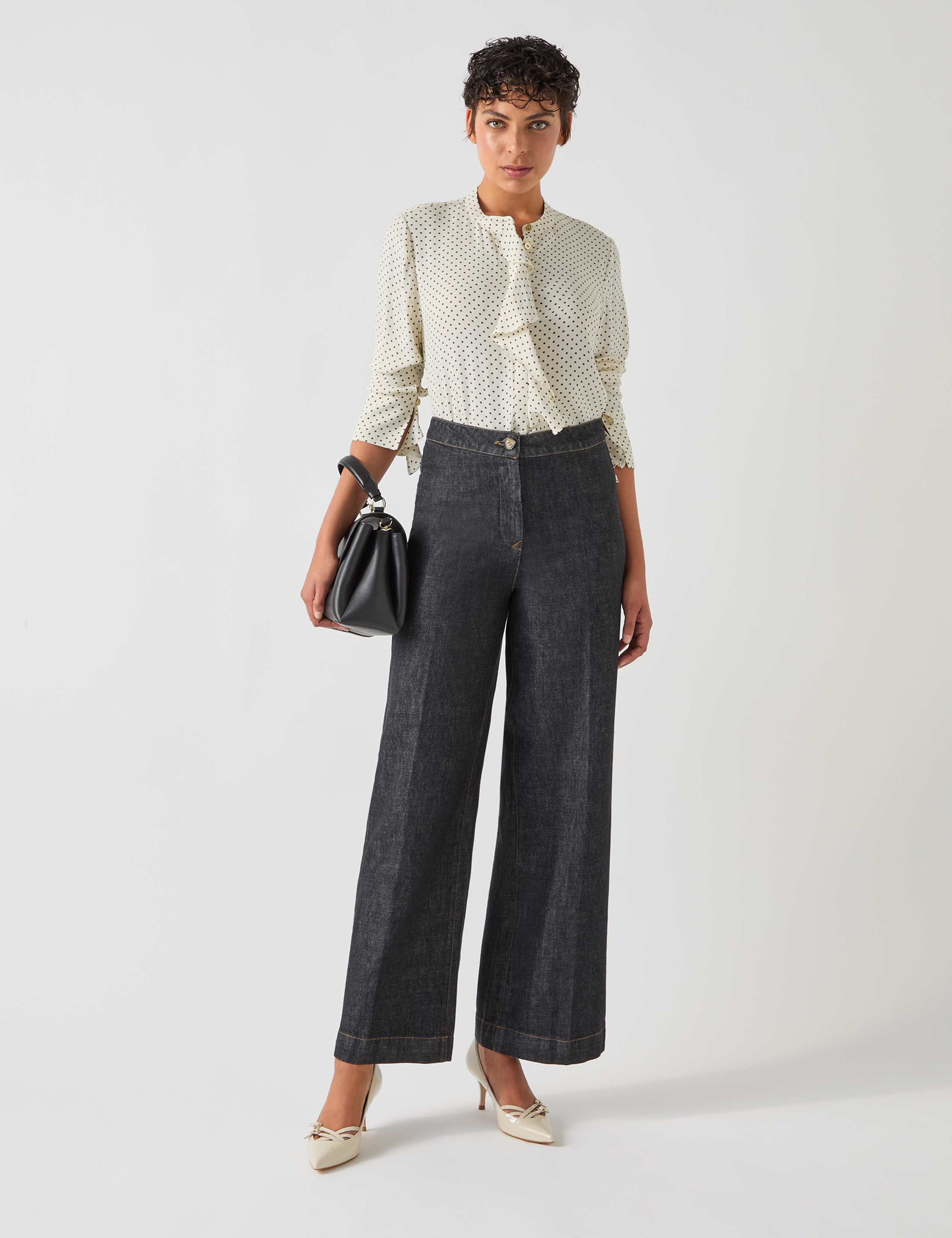 Polka Dot Crew Neck Frill Detail Blouse