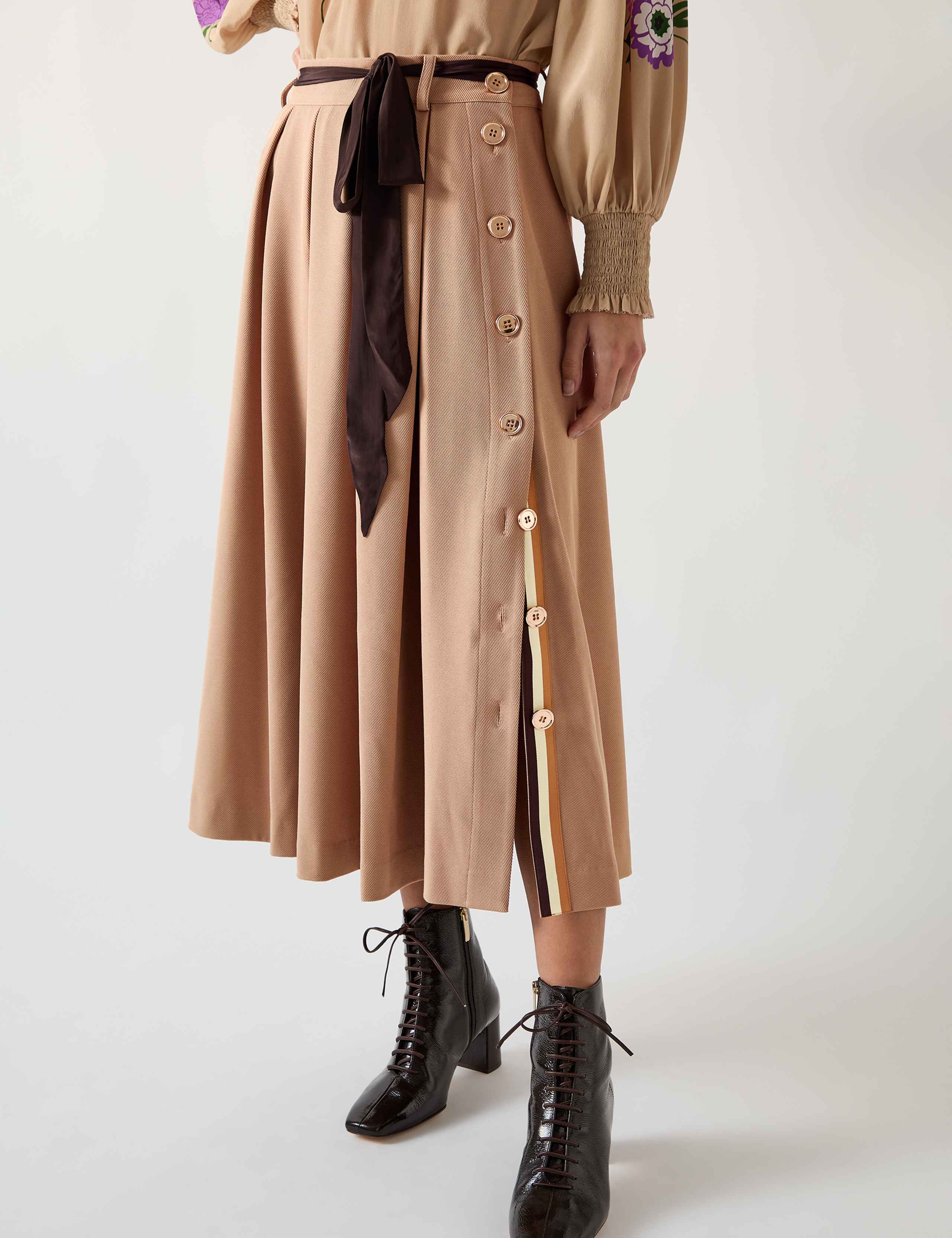 Twill Box Pleat Tie Waist Midi A-Line Skirt