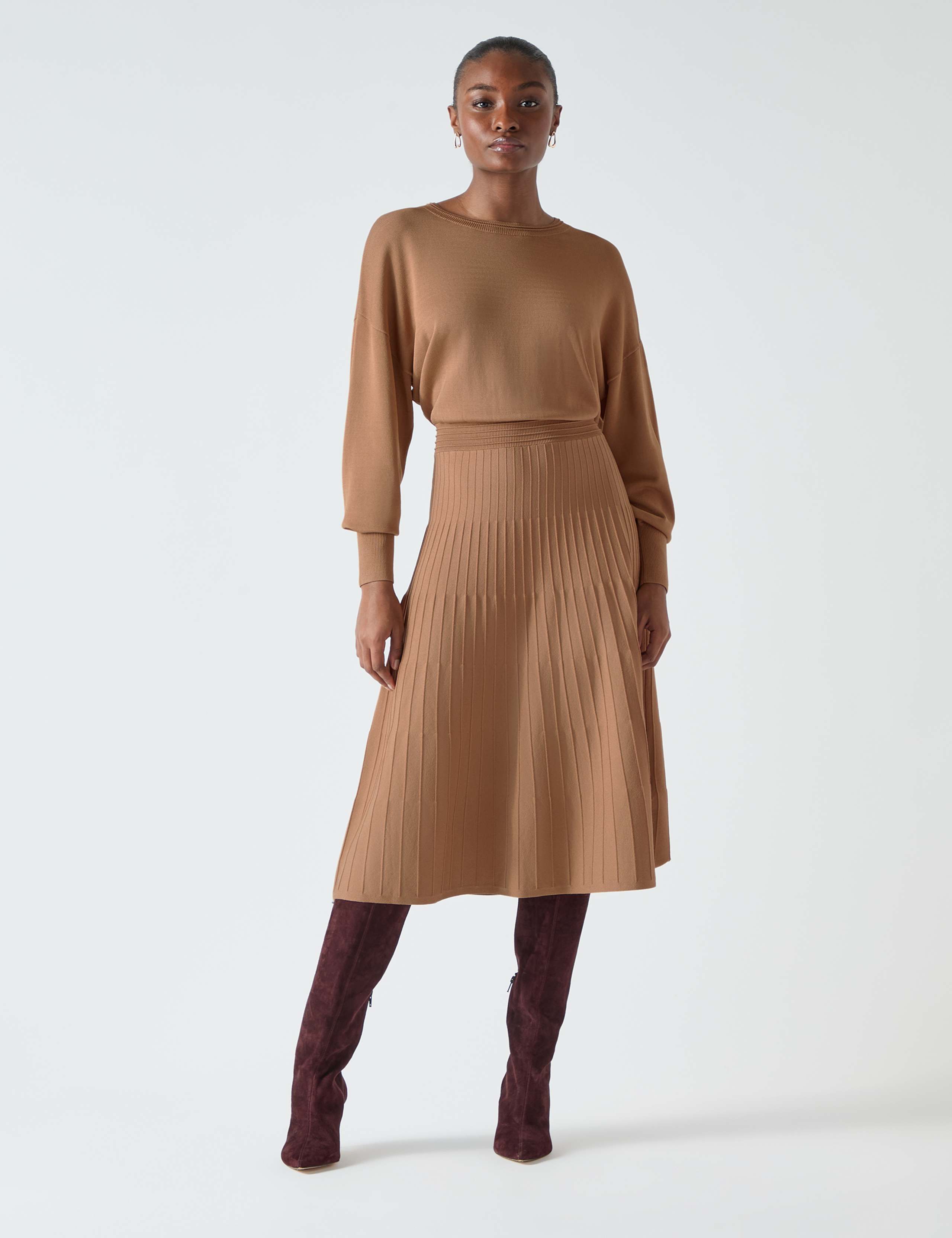 Knitted Ribbed Slash Neck Midi Skater Dress