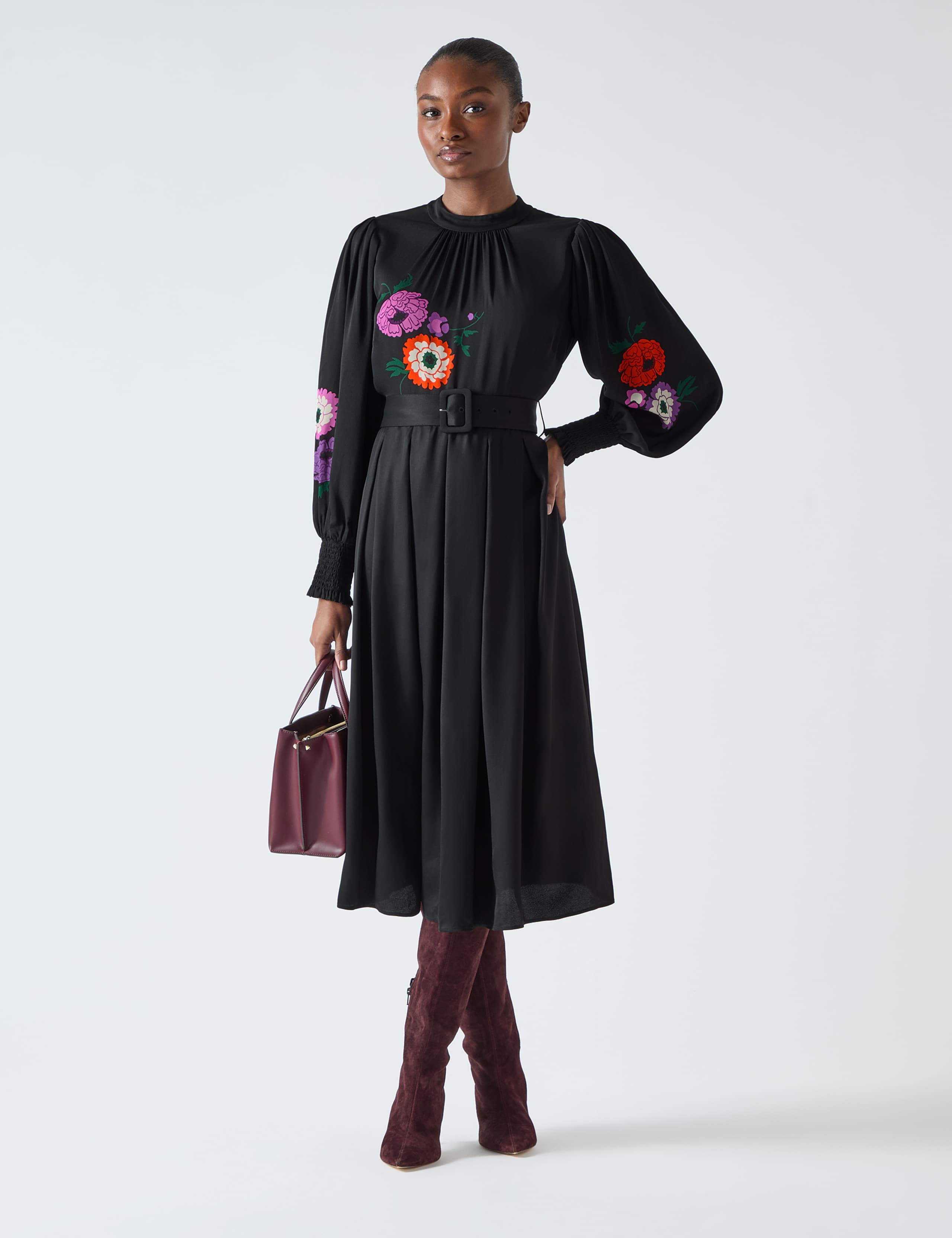 Floral Belted Midi Waisted Dress