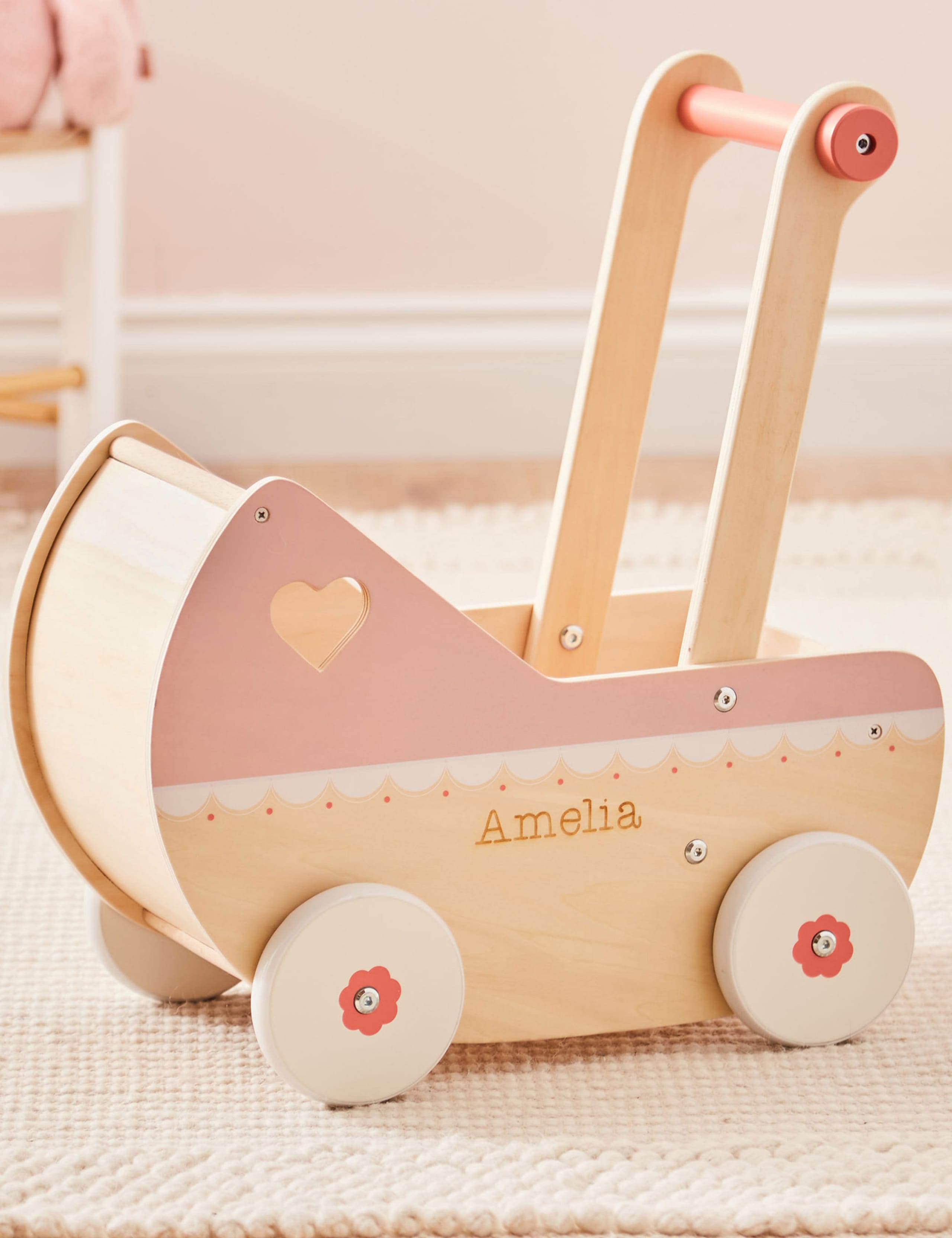 Personalised Pink Wooden Dolls Pram