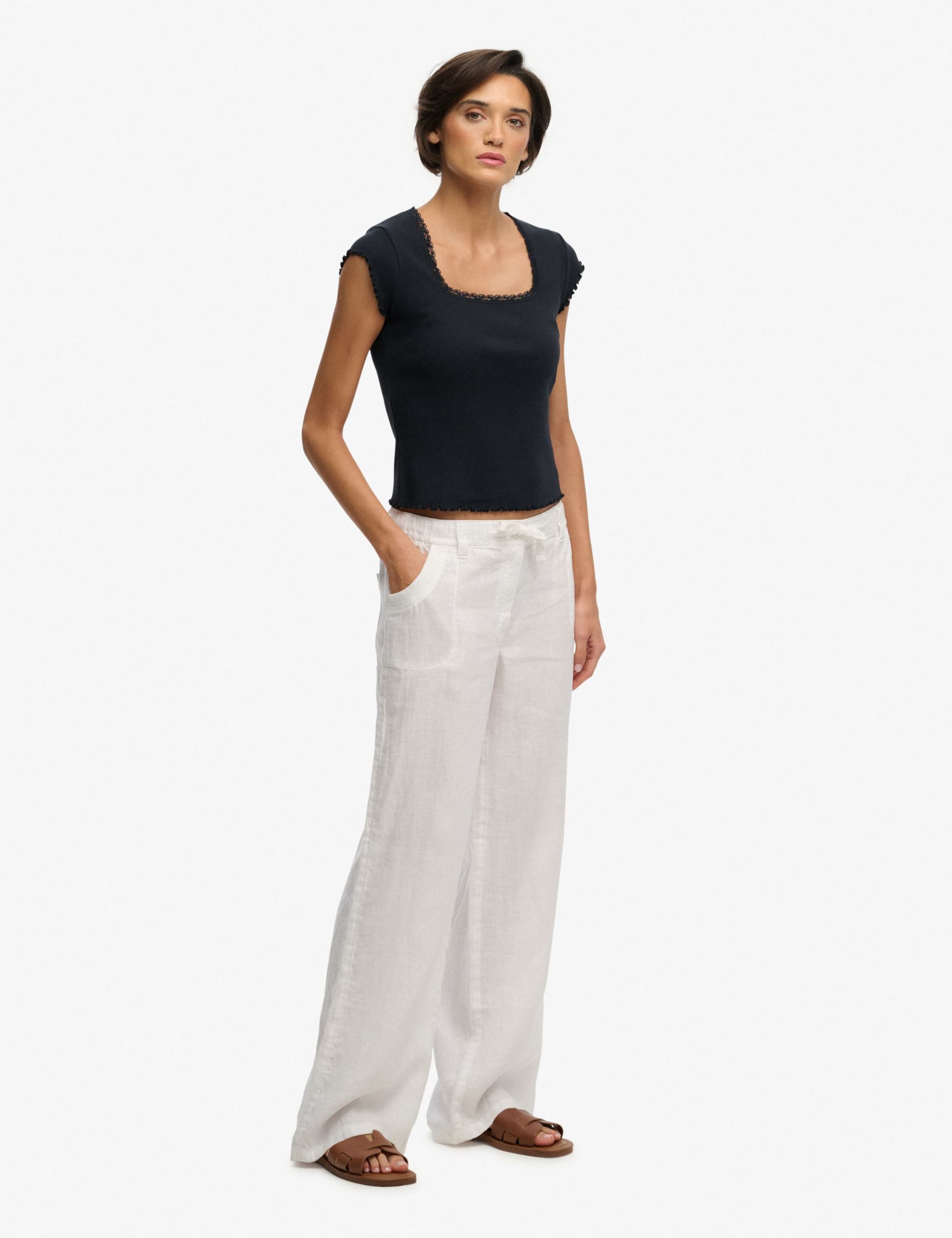 Pure Linen Low Rise Wide Leg Trousers