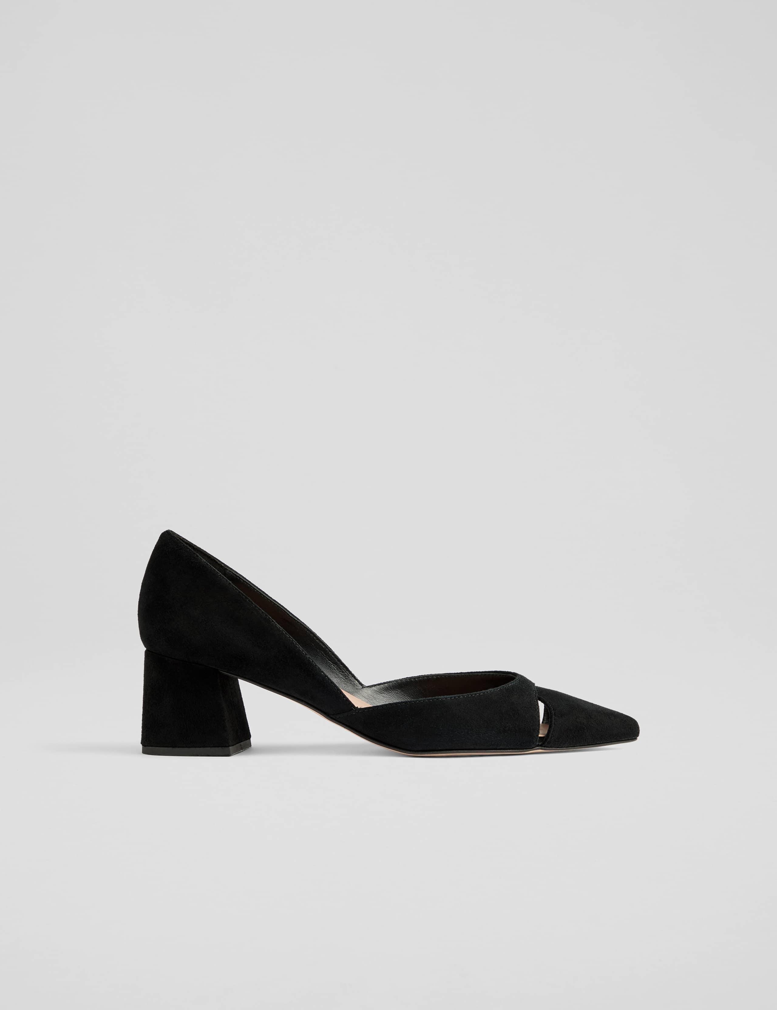 Suede Cut Out Pointed Block Heel Court Shoes
