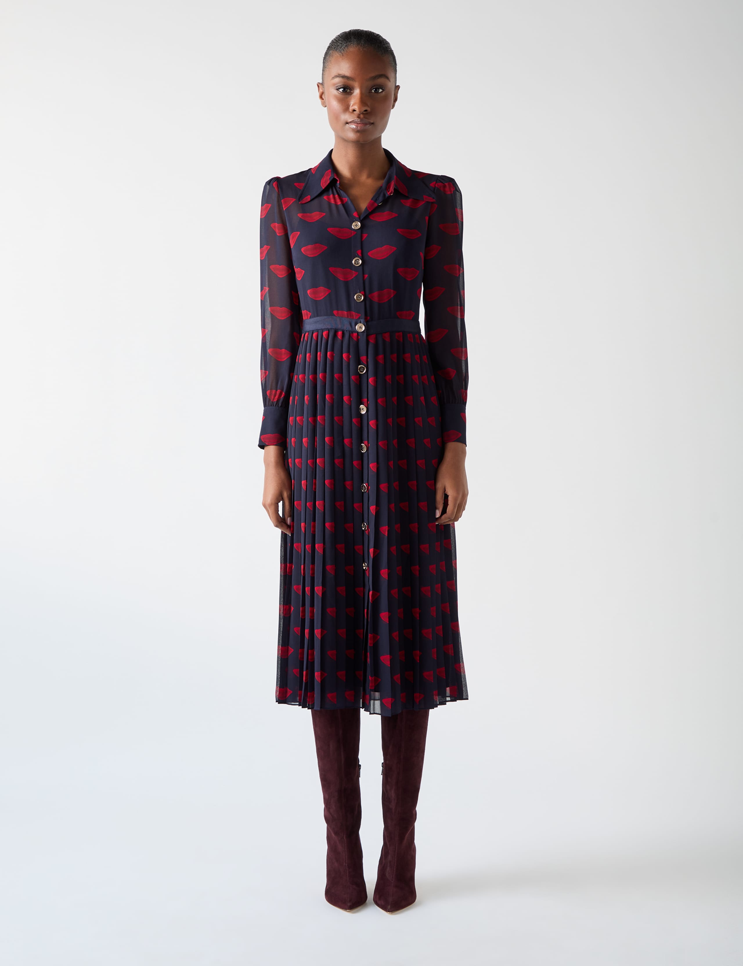 Lips Print Collared Midi Skater Dress