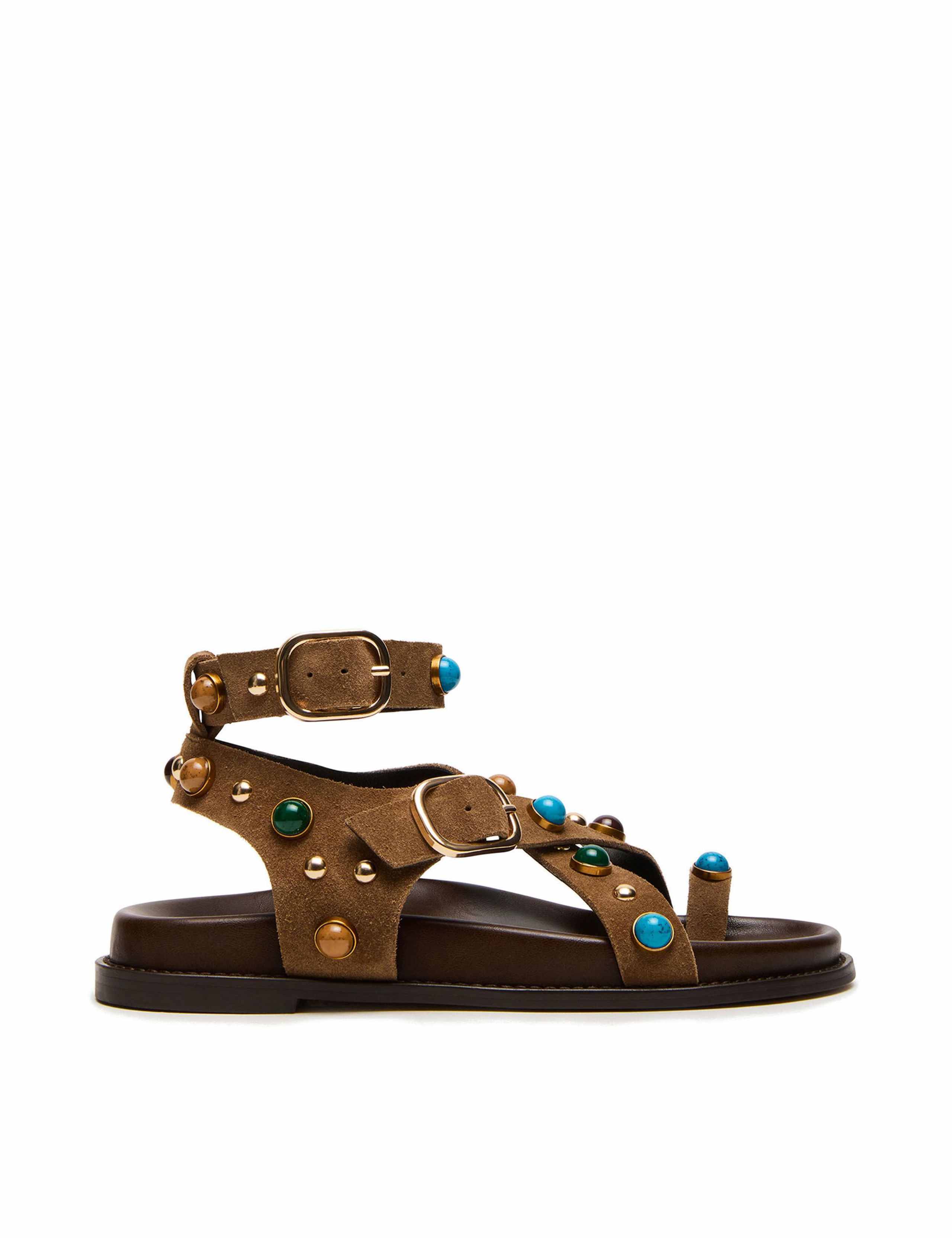 Leather Studded Ankle Strap Flat Sandals