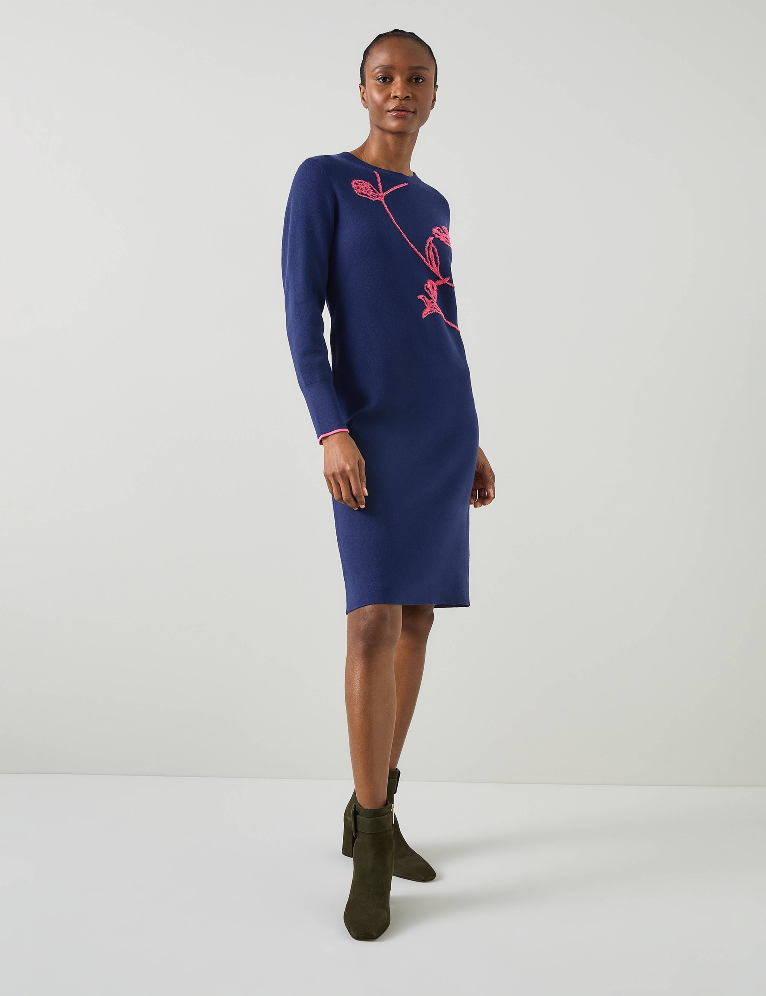 Knitted Floral Knee Length Jumper Dress