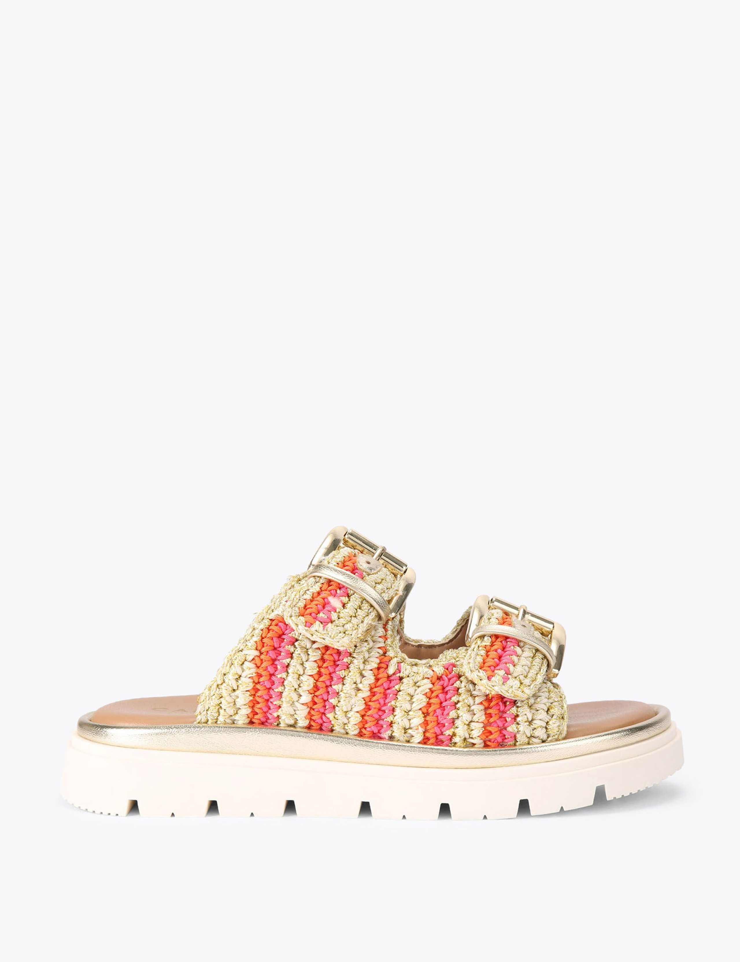 Braided Striped Buckle Flatform Sliders