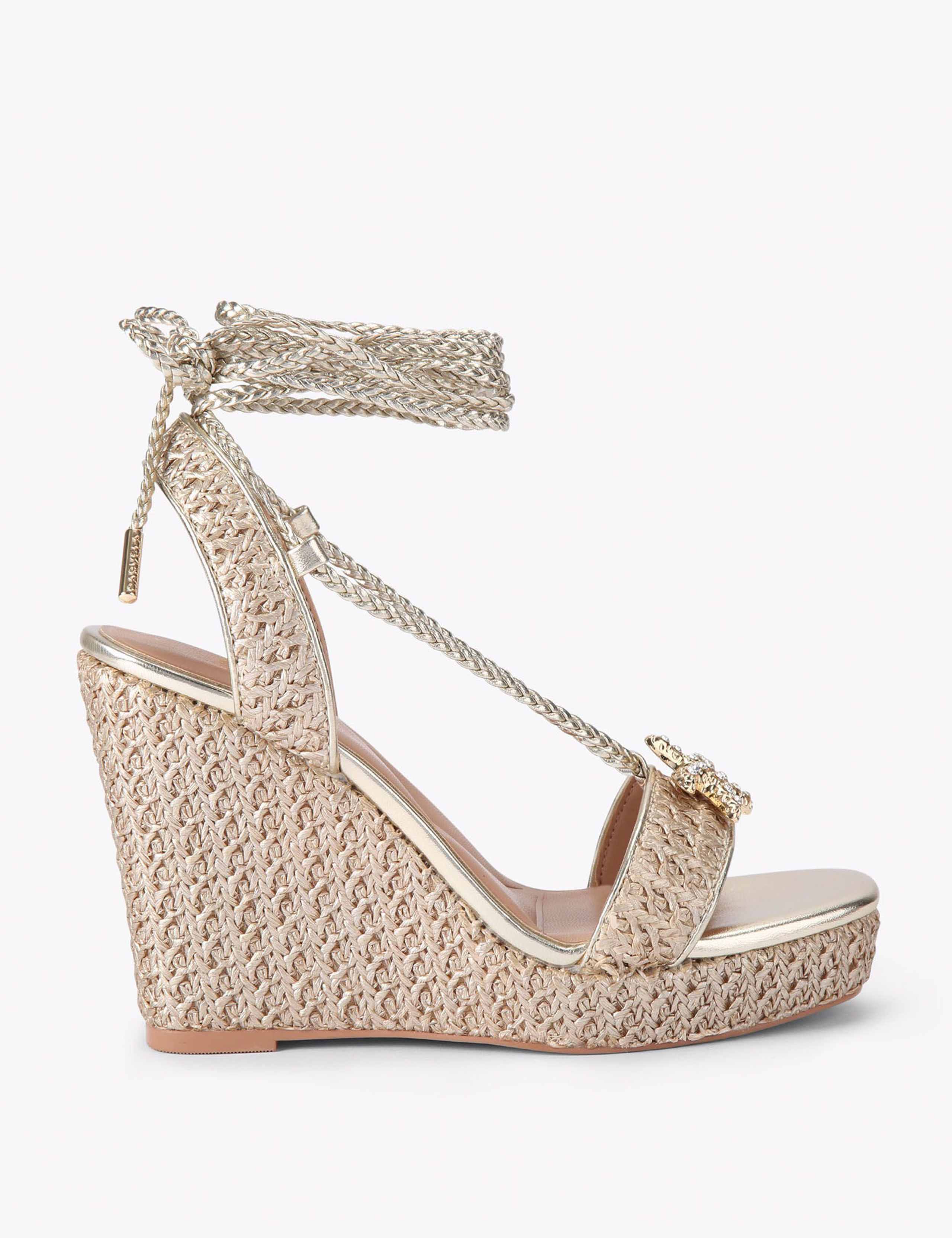 Raffia Metallic Embellished High Wedge Sandals