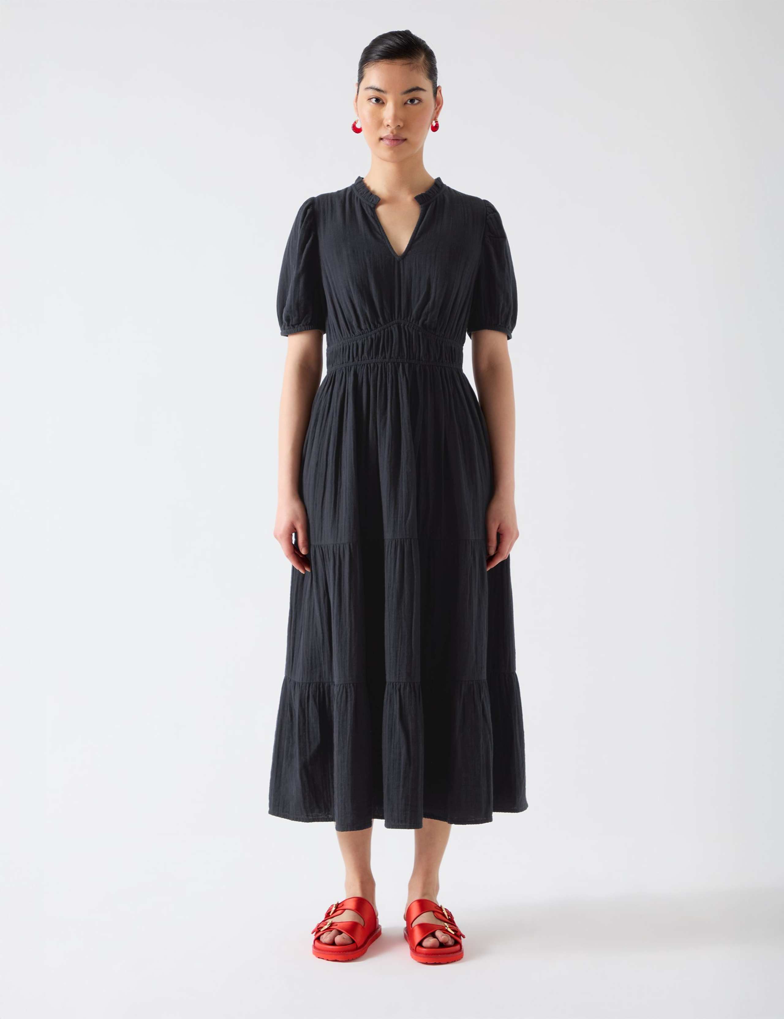 Pure Cotton V-Neck Midi Waisted Dress
