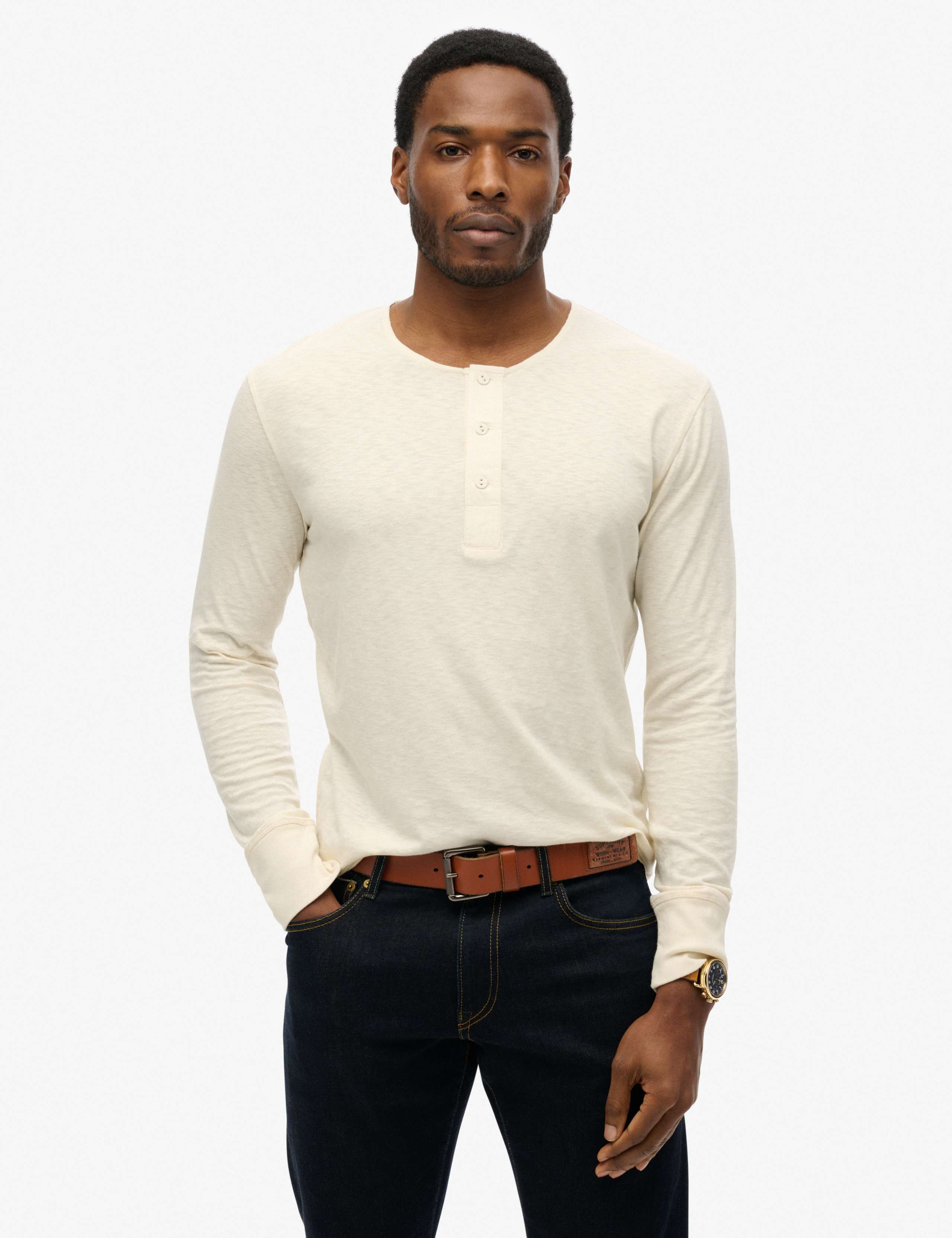 Pure Cotton Grandad Collar Long Sleeve Top