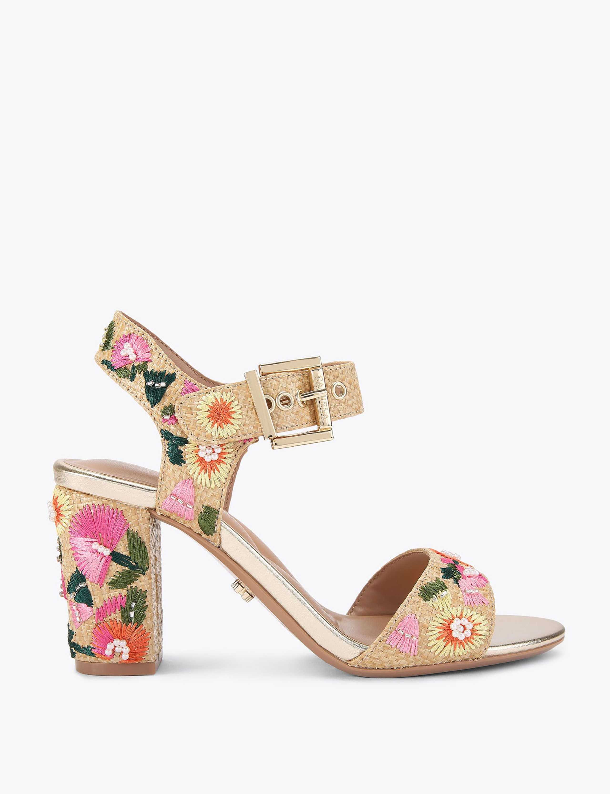 Floral Embroidered Ankle Strap Block Heels