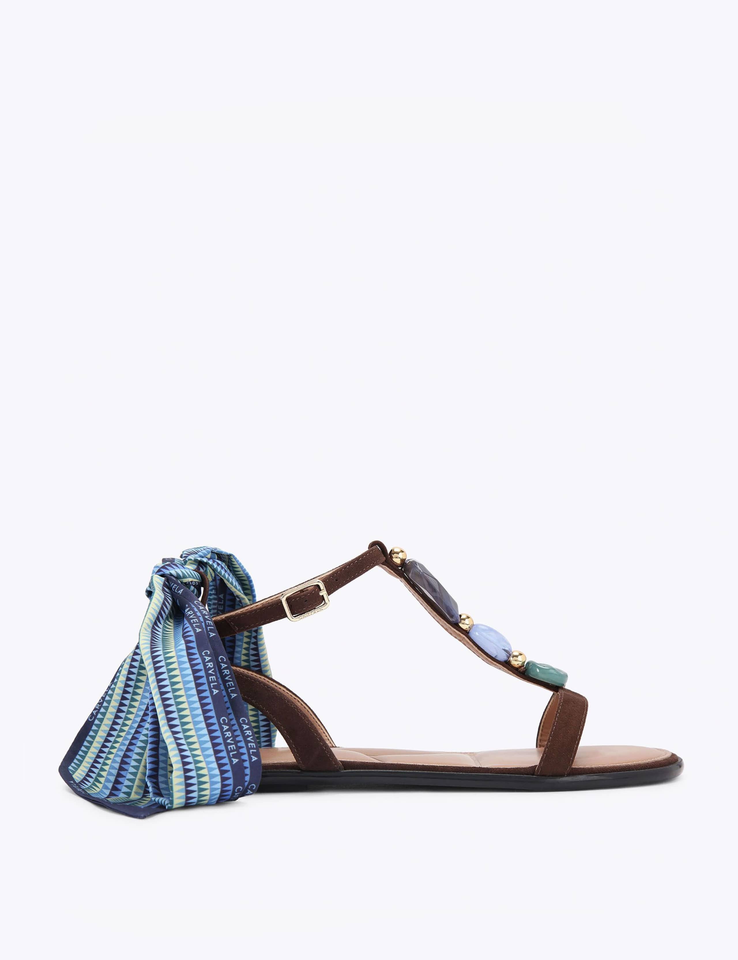 Suede Embellished Scarf Tie Flat Sandals