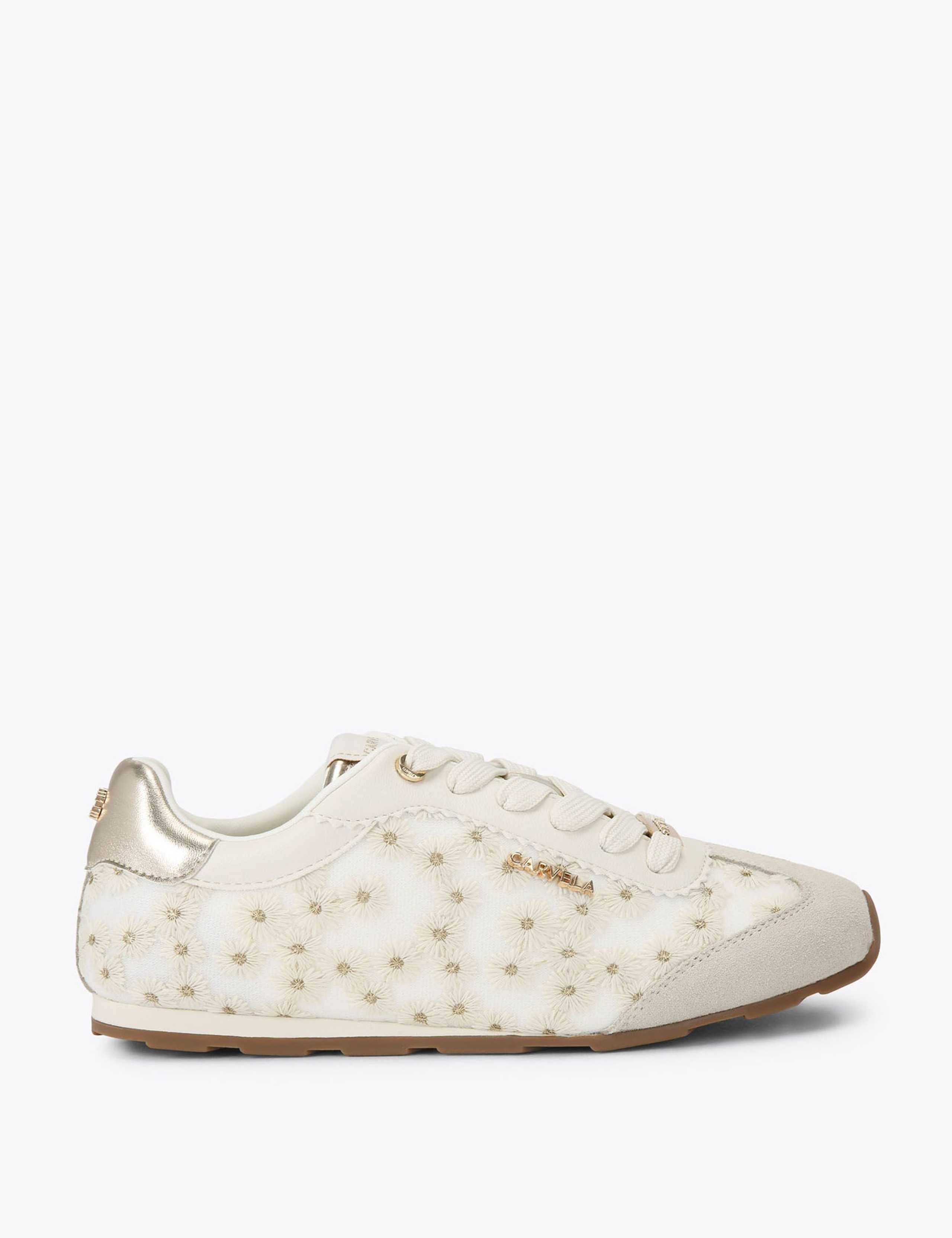 Leather Floral Embroidered Lace Up Trainers