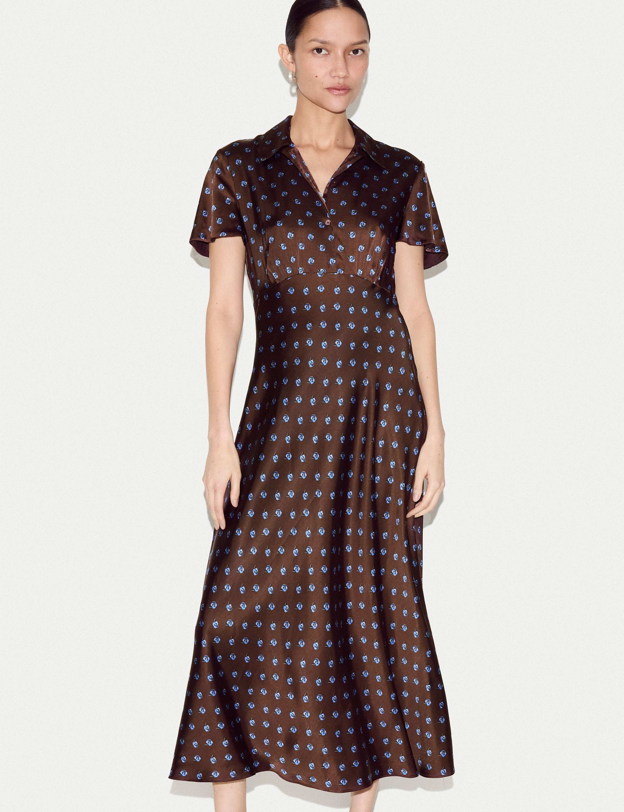 Satin Floral Collared Midi Shirt Dress