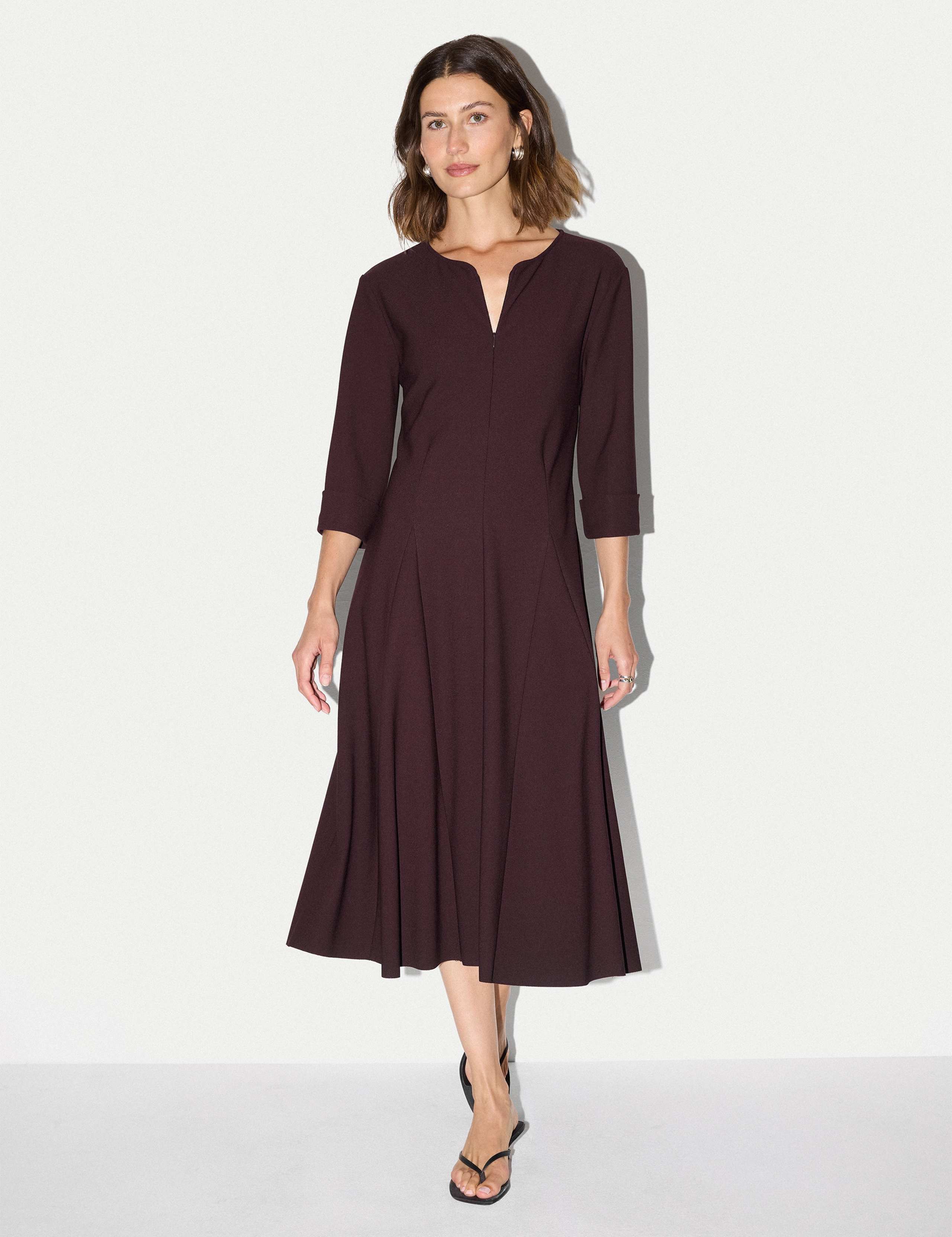 Crepe Notch Neck Godet Midi Swing Dress