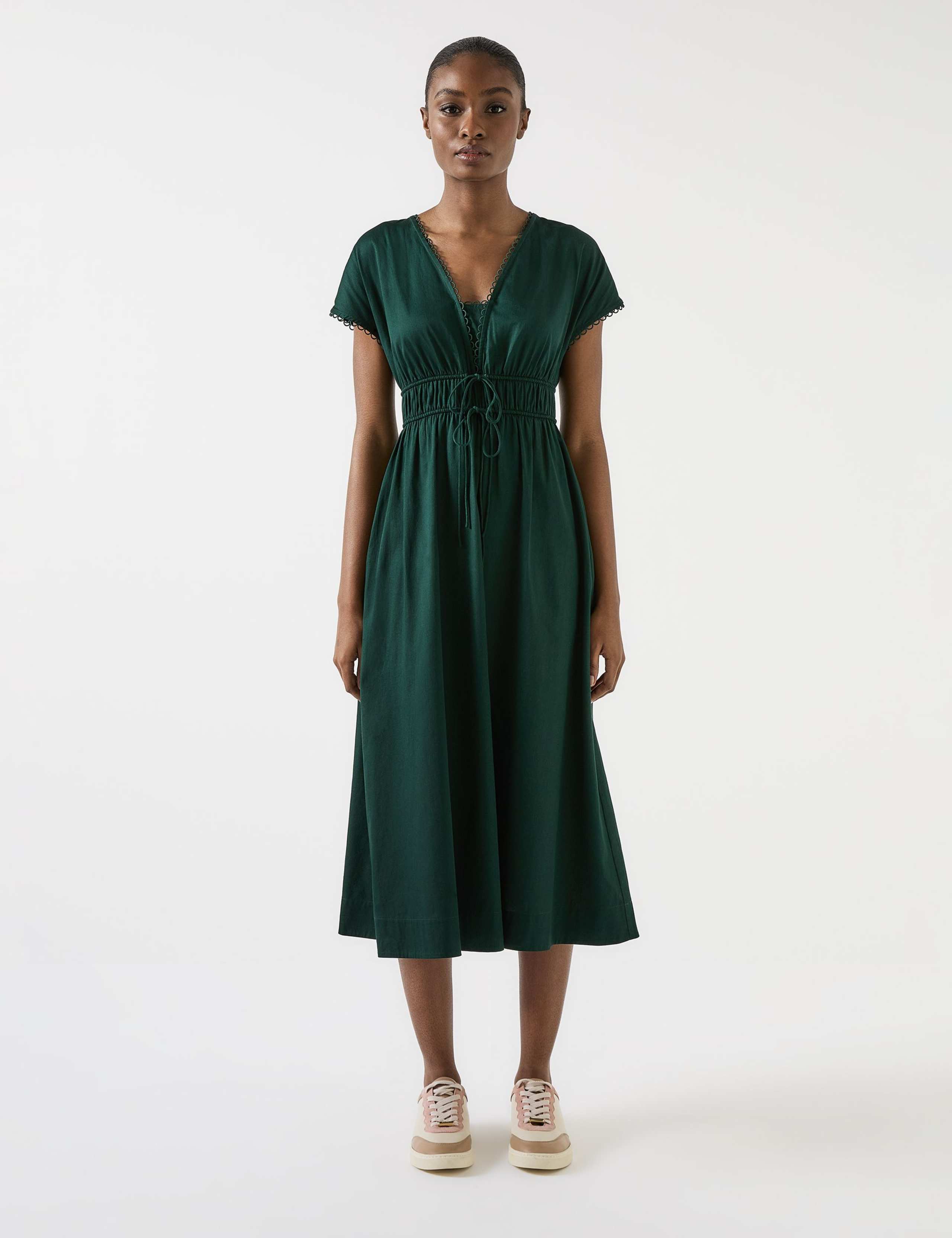 Pure Cotton Scallop Trim Midi Dress