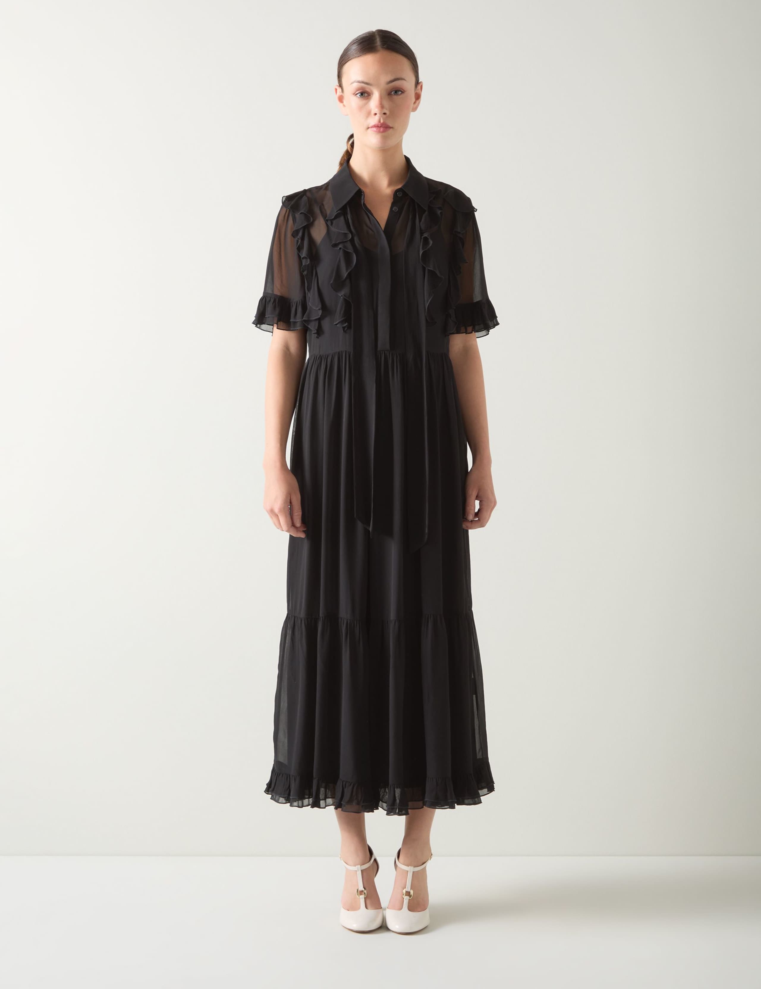Ruffled Pussybow Midi Shirt Dress