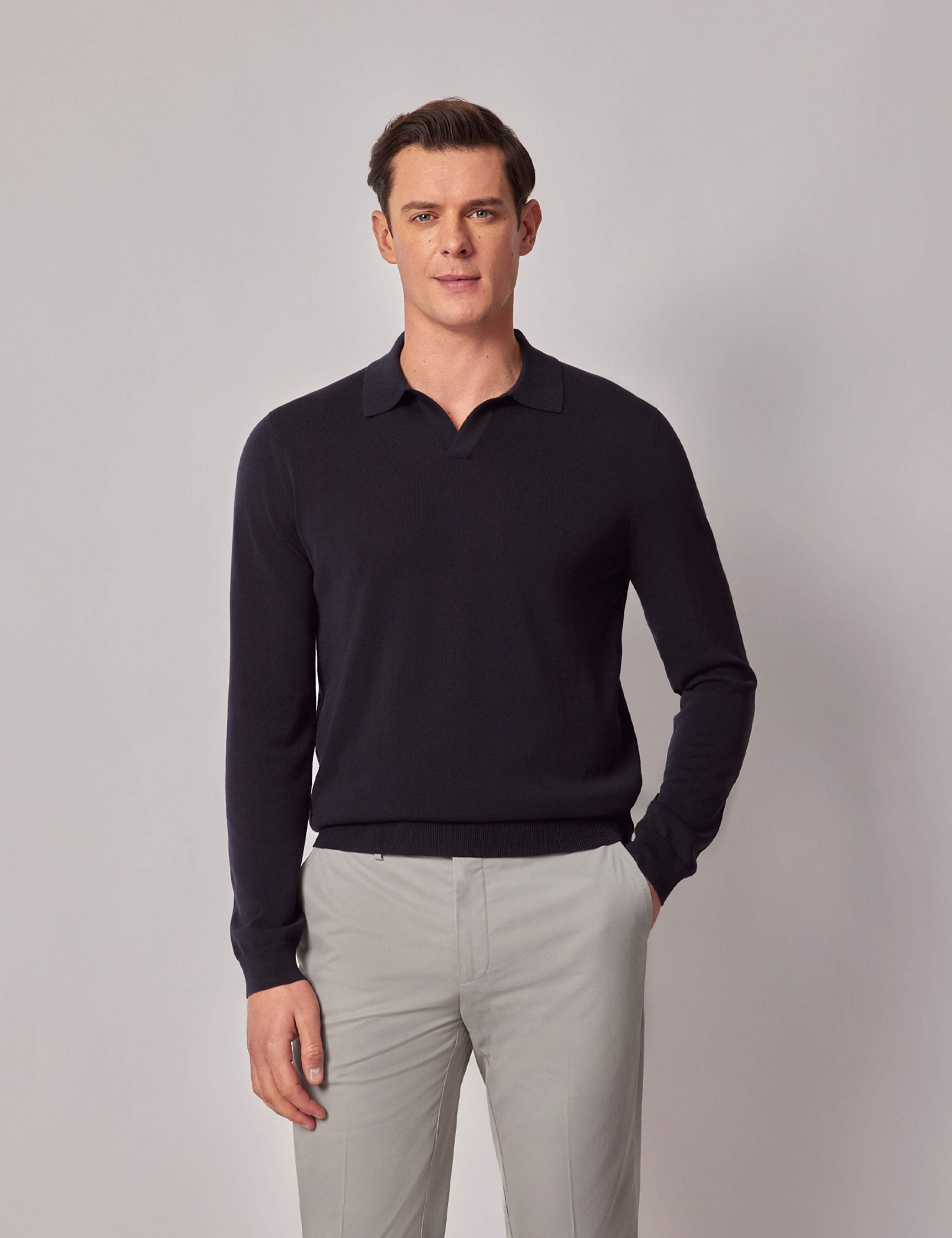 Pure Cotton Open Neck Knitted Polo Shirt