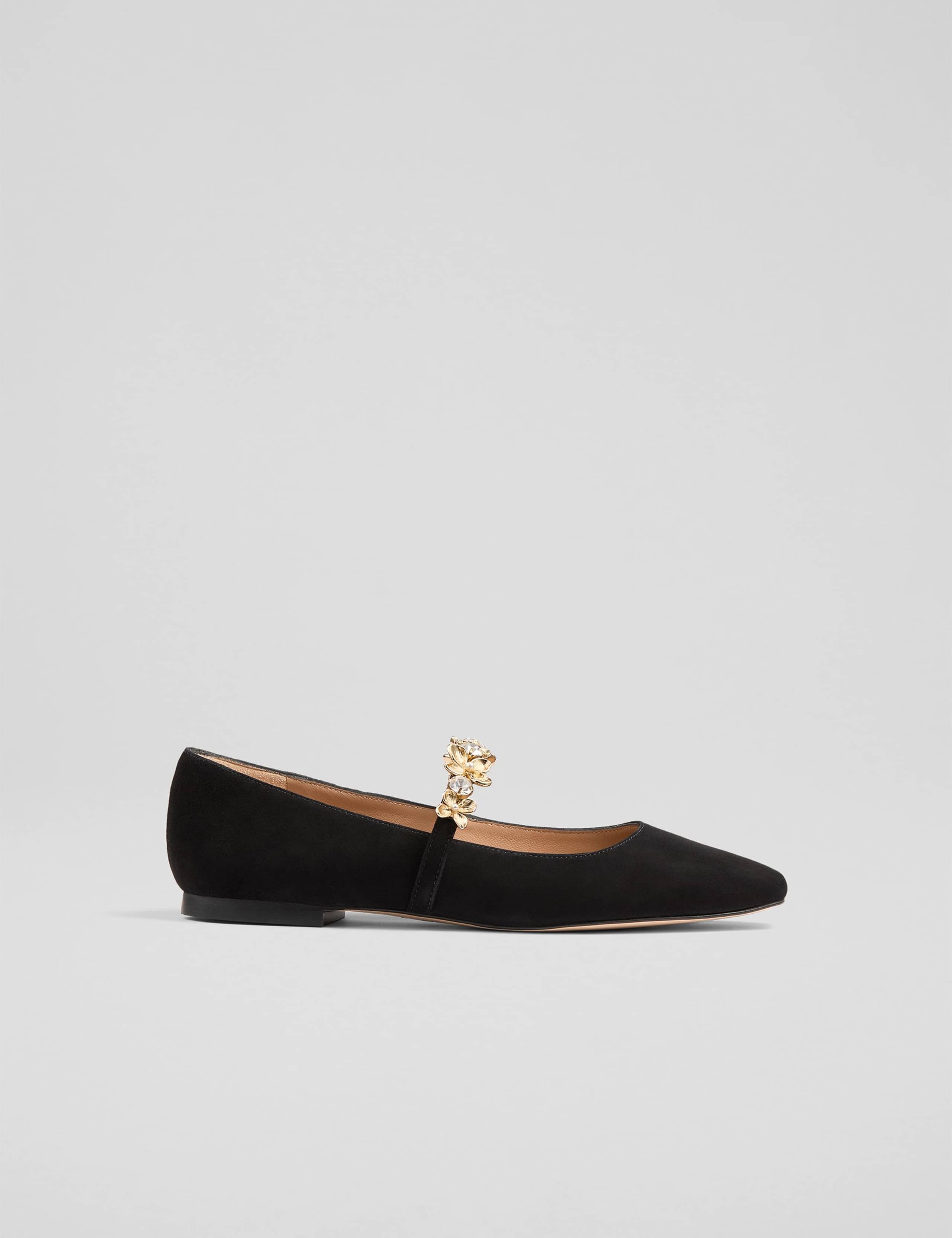 Suede Flower Trim Flat Square Toe Pumps