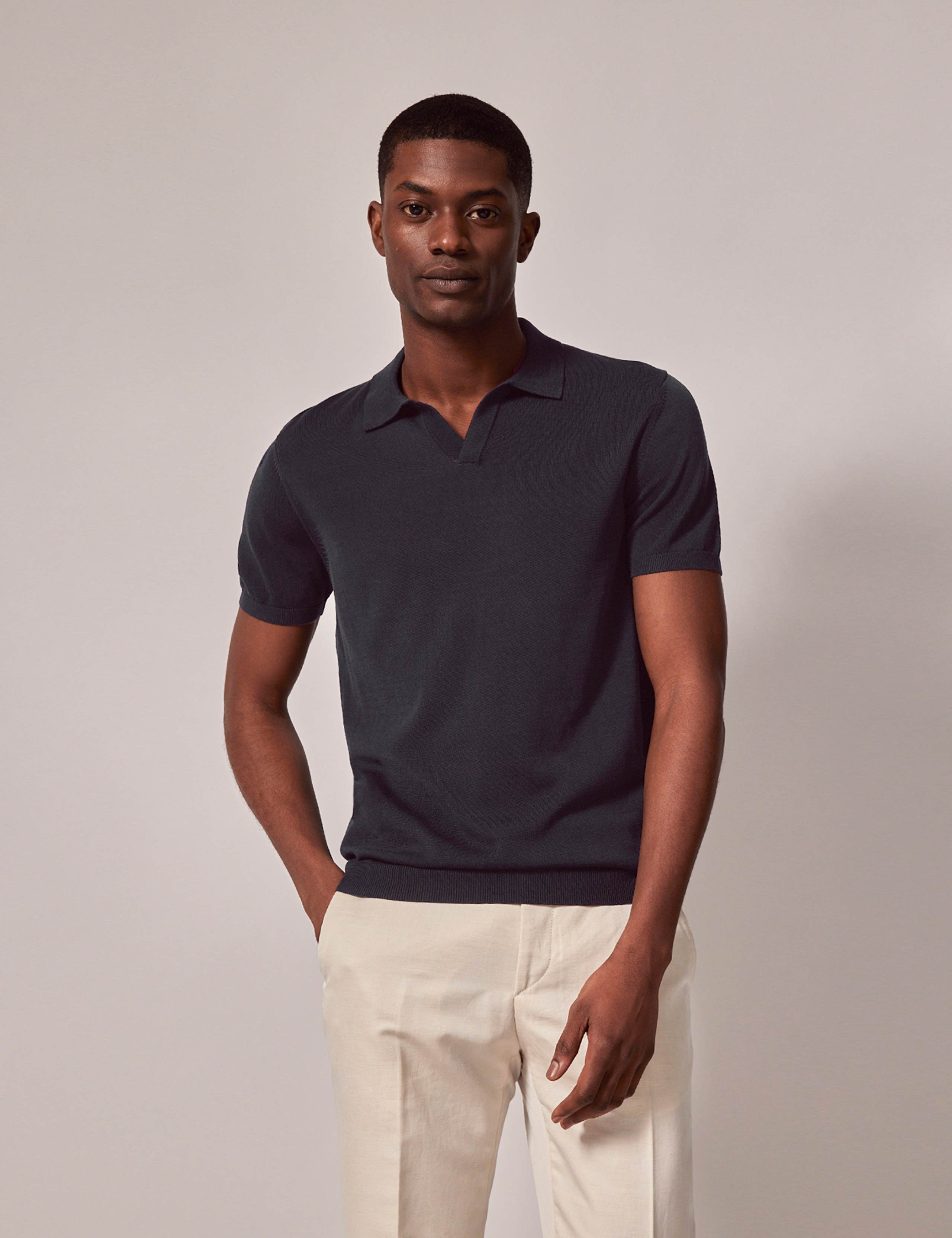 Pure Cotton Open Collar Knitted Polo Shirt