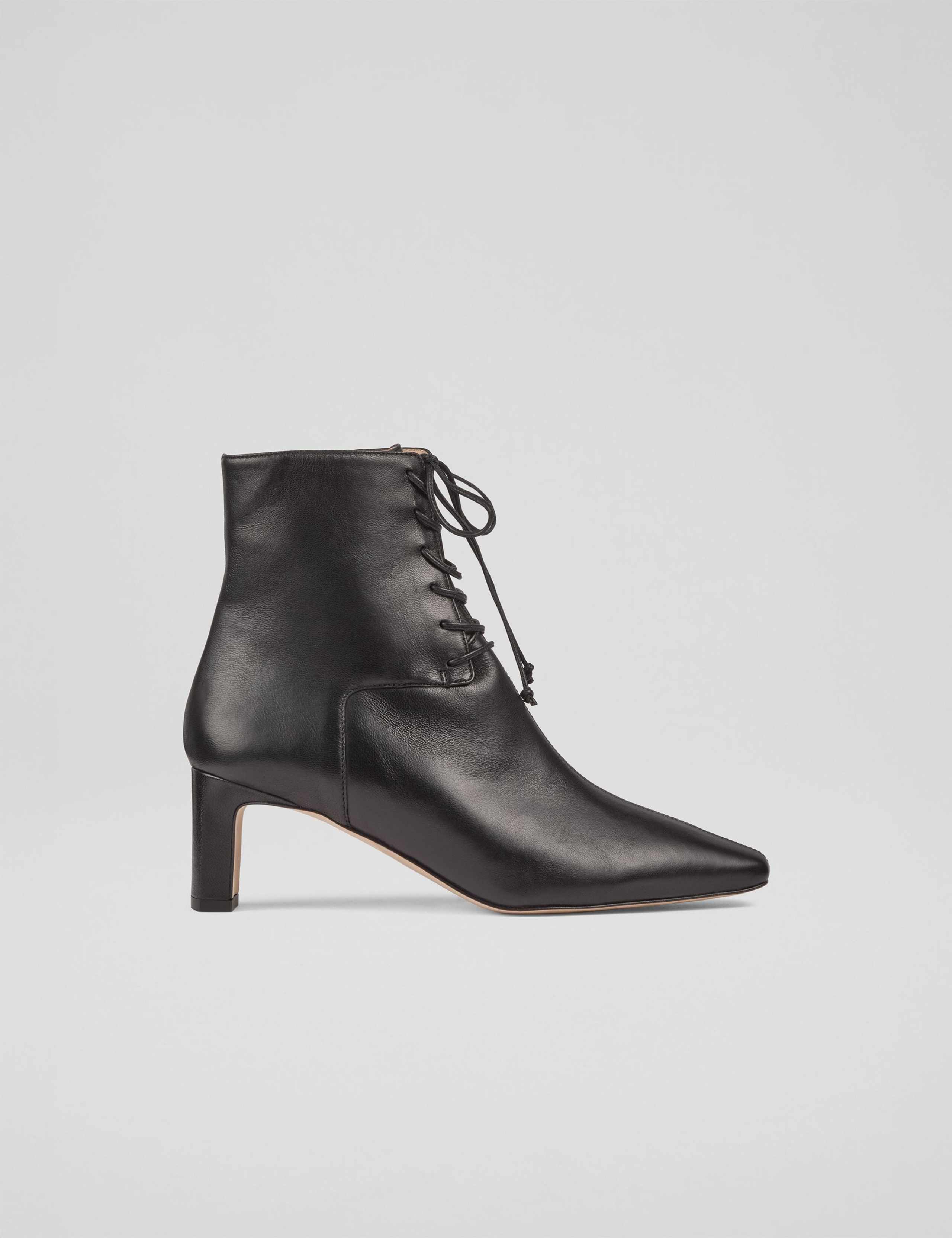 Leather Lace Up Block Heel Pointed Ankle Boots