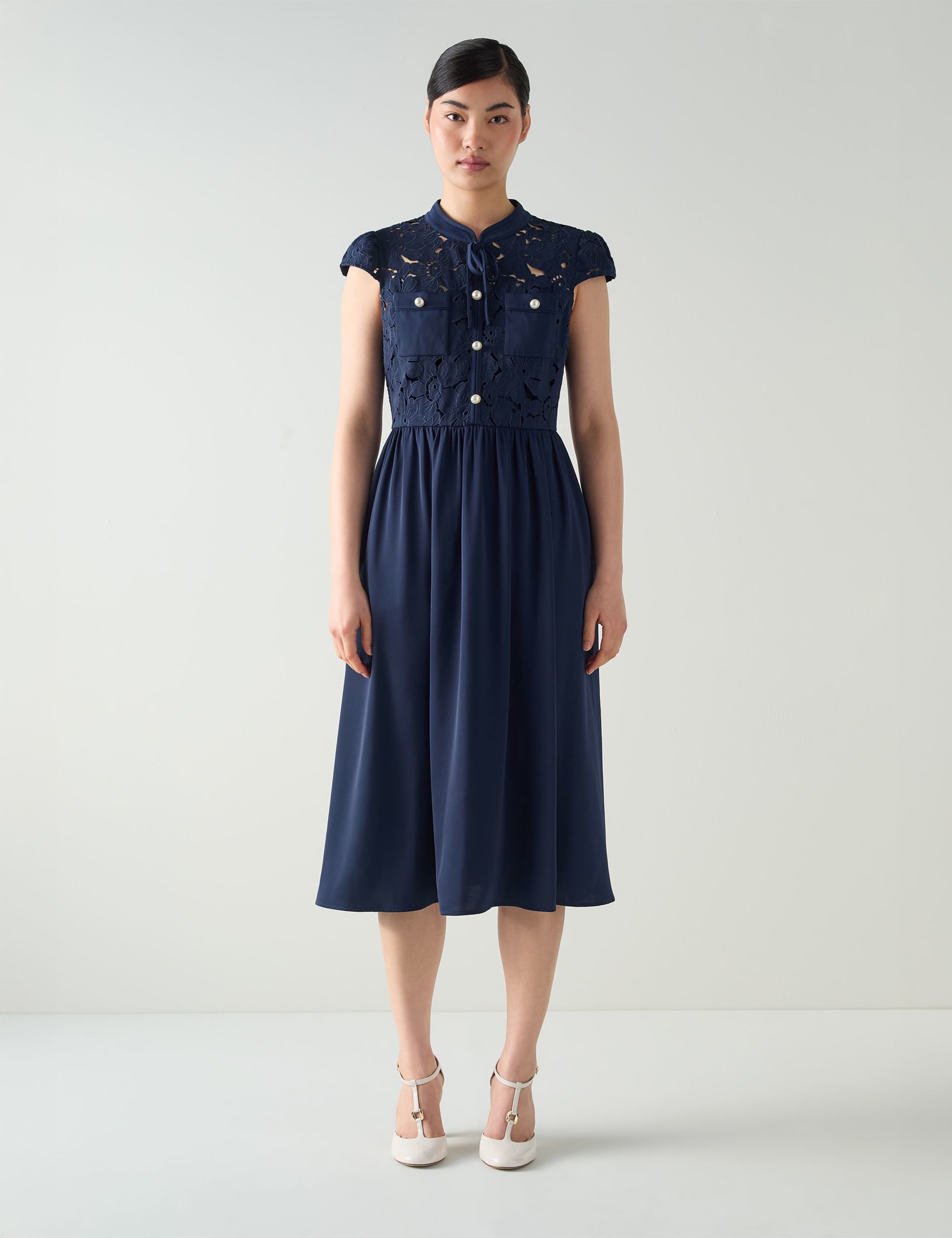 Tie Neck Cutwork Detail Midi Skater Dress