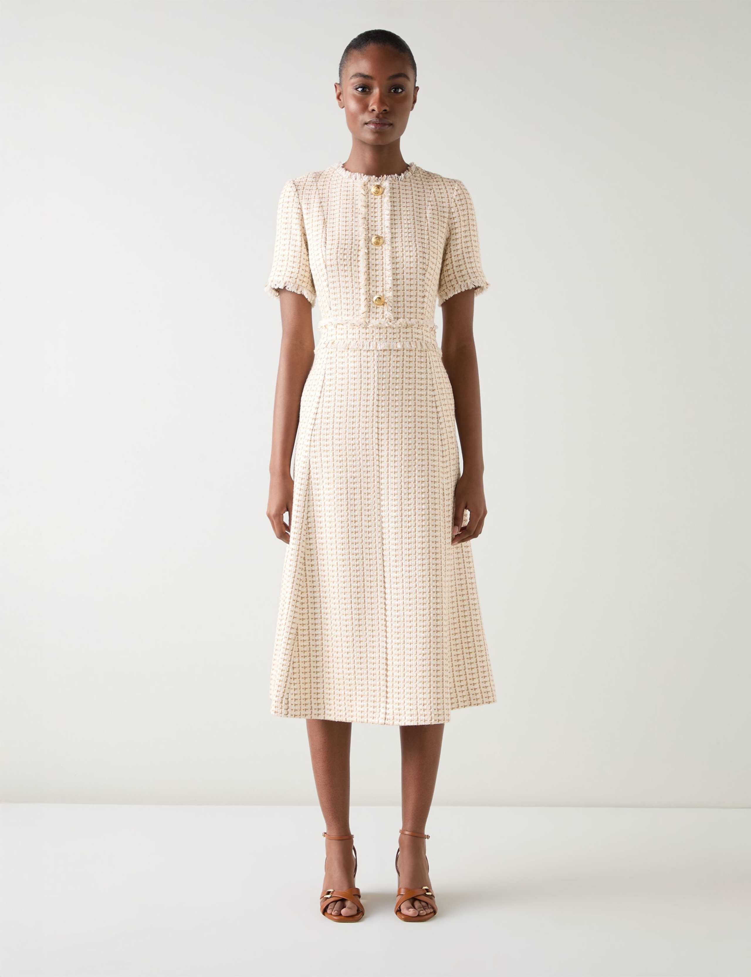 Tweed Checked Midi Skater Dress With Cotton