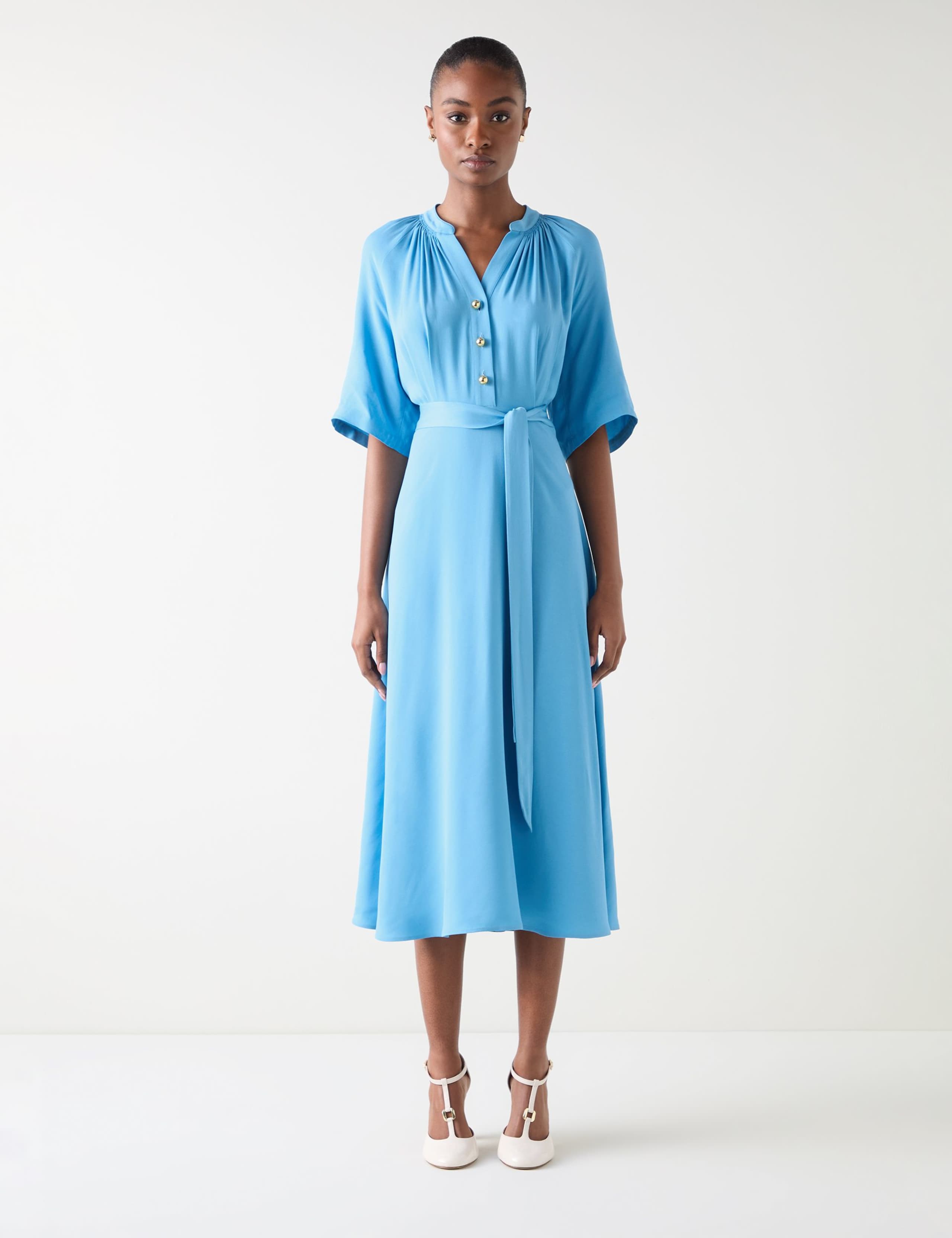 Angel Sleeve Pleated Back Midi Dress