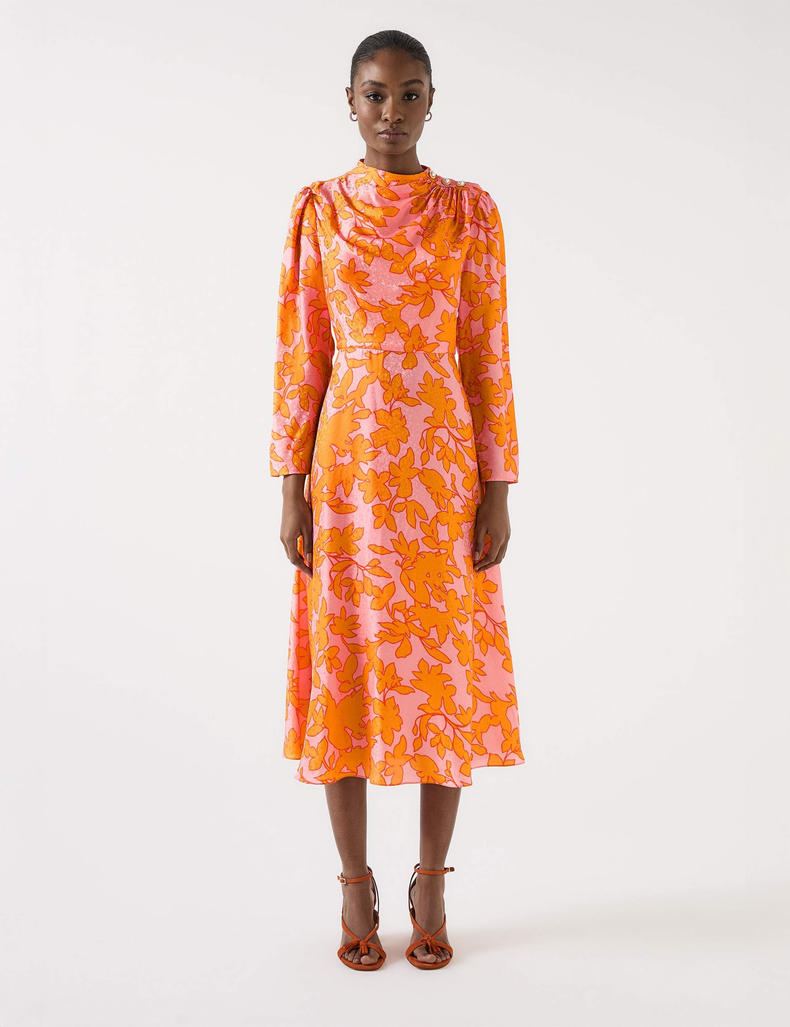 Floral Ruched Midi Swing Dress