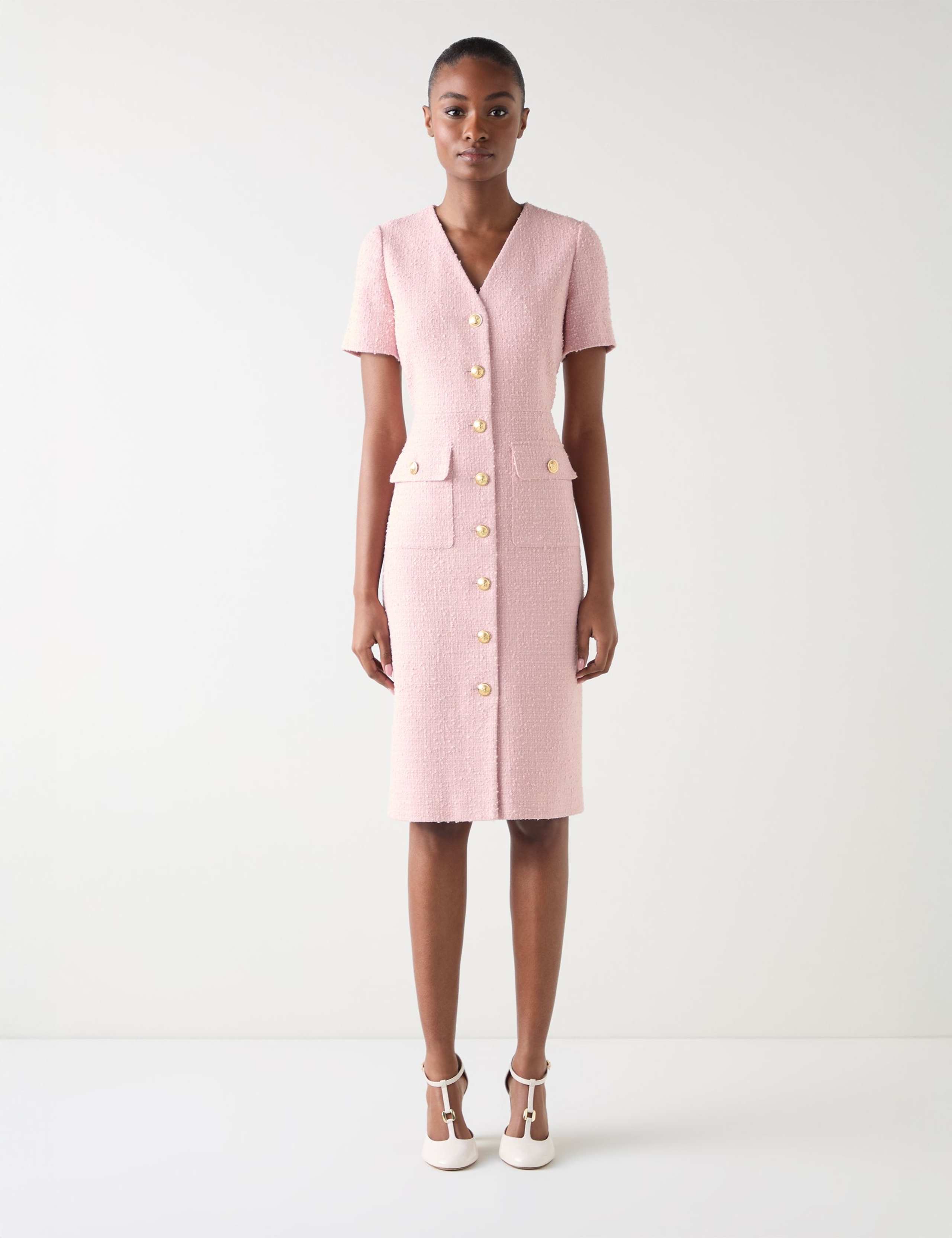 Cotton Rich Tweed Button Detail Midi Dress