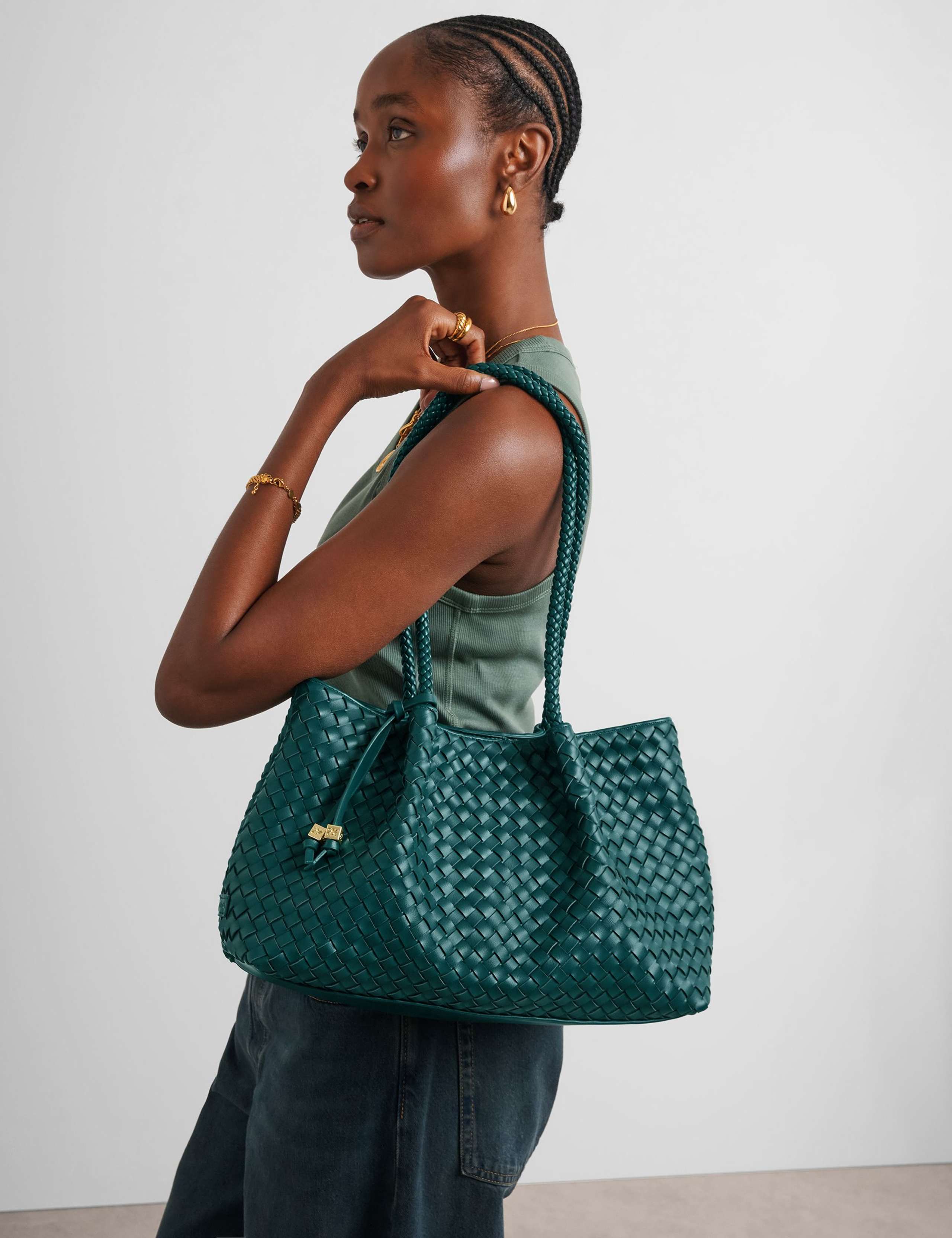 Faux Leather Woven Tote Shoulder Bag