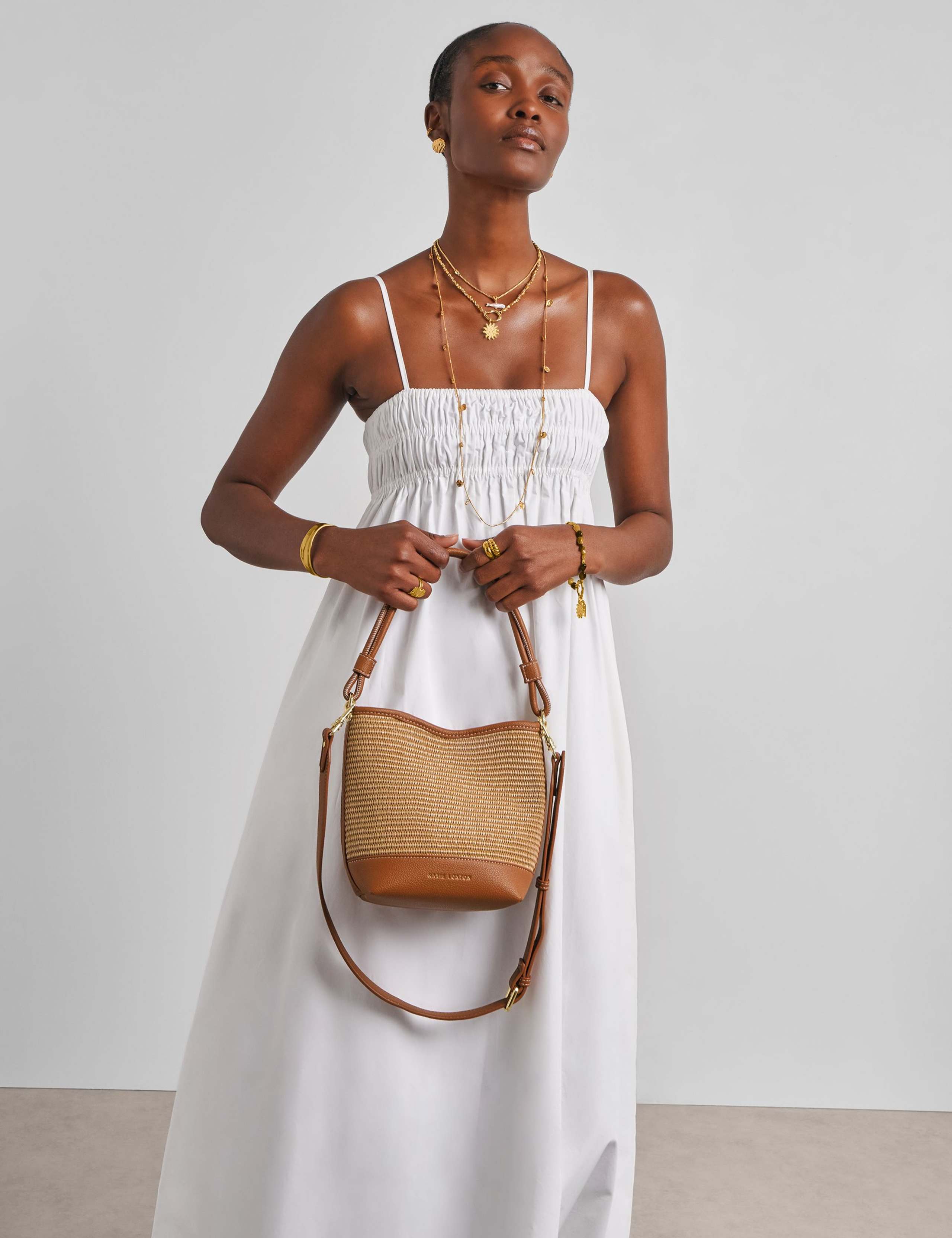 Raffia Top Handle Cross Body Bucket Bag