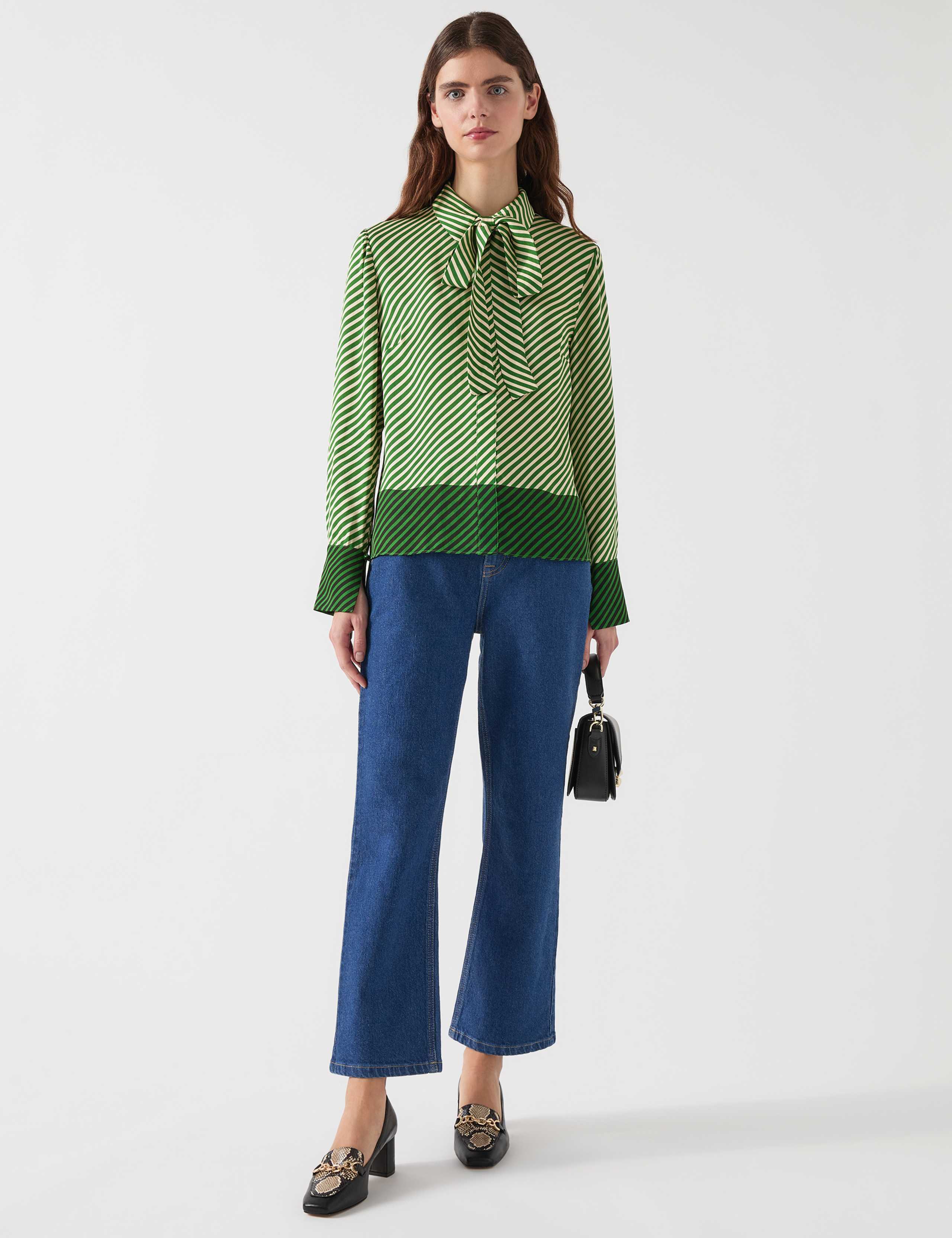 Crepe Striped Tie Neck Shirt