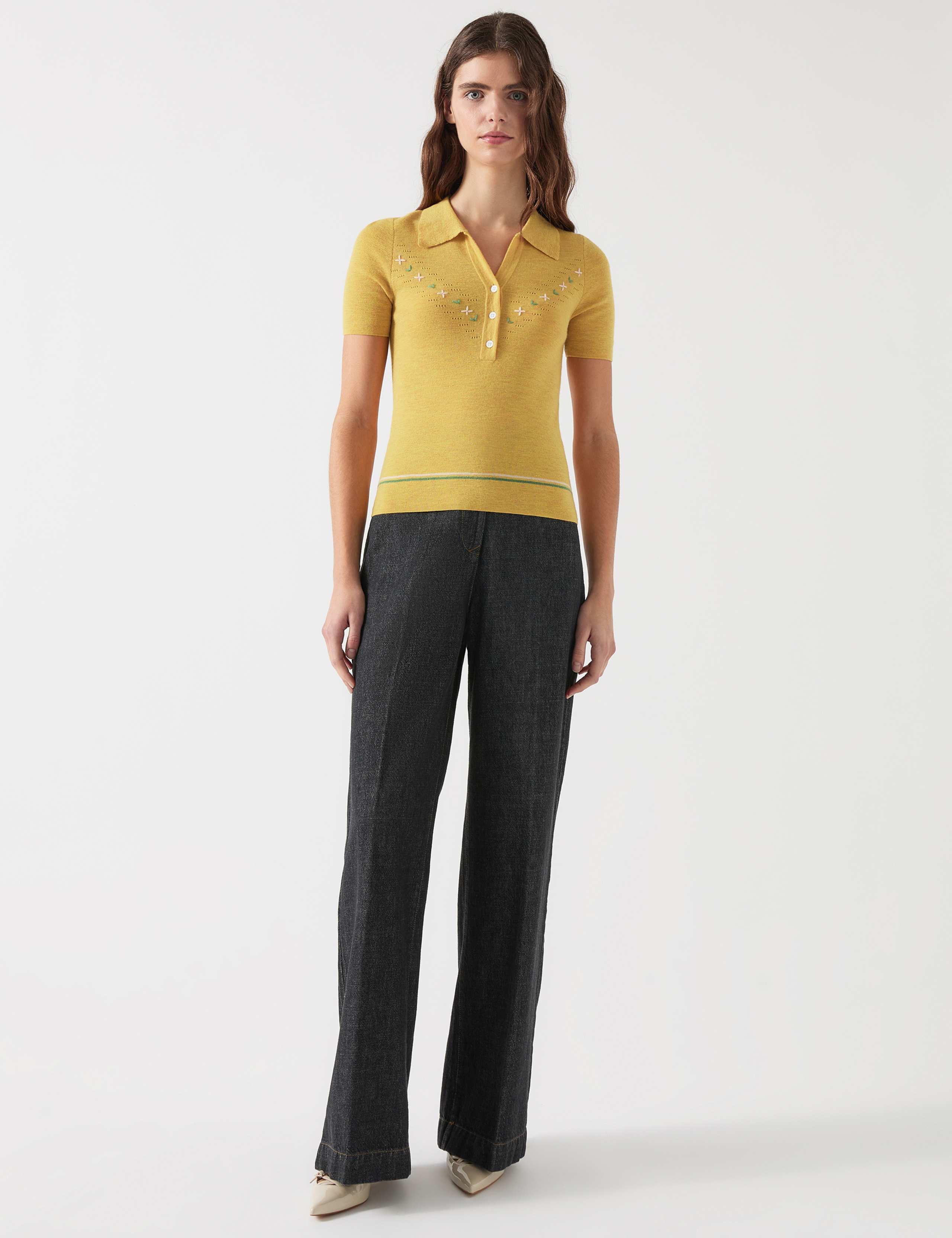 Cotton Rich Embroidered Collared Knitted Top