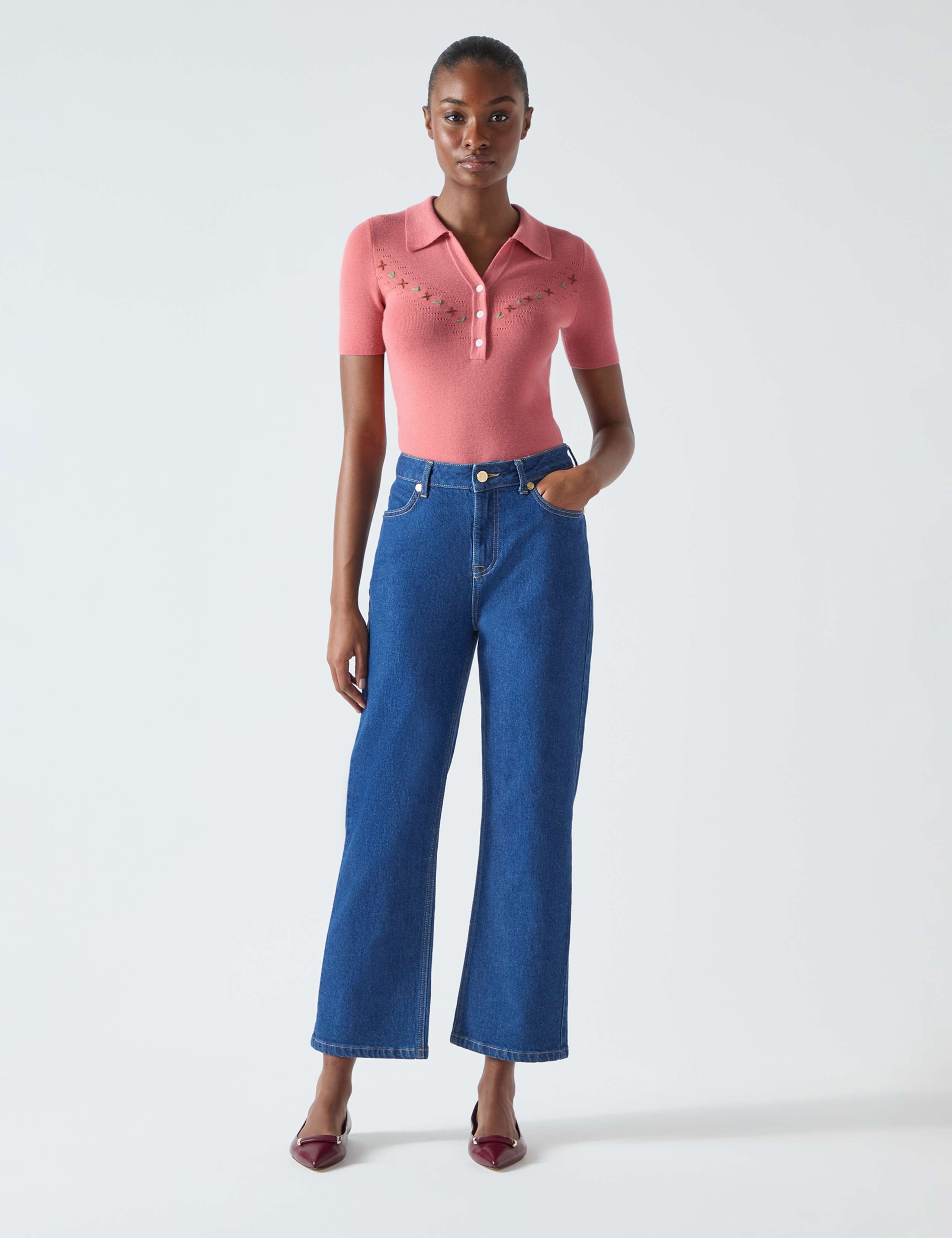 Cotton Rich Embroidered Collared Knitted Top