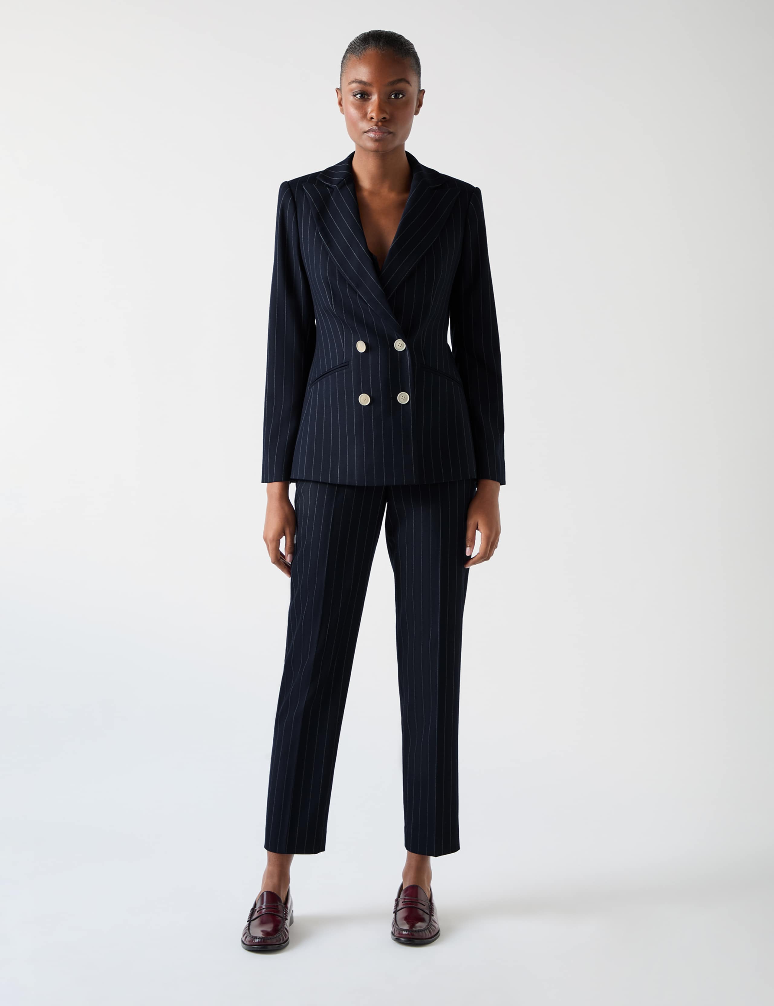 Wool Blend Pinstripe Double Breasted Blazer