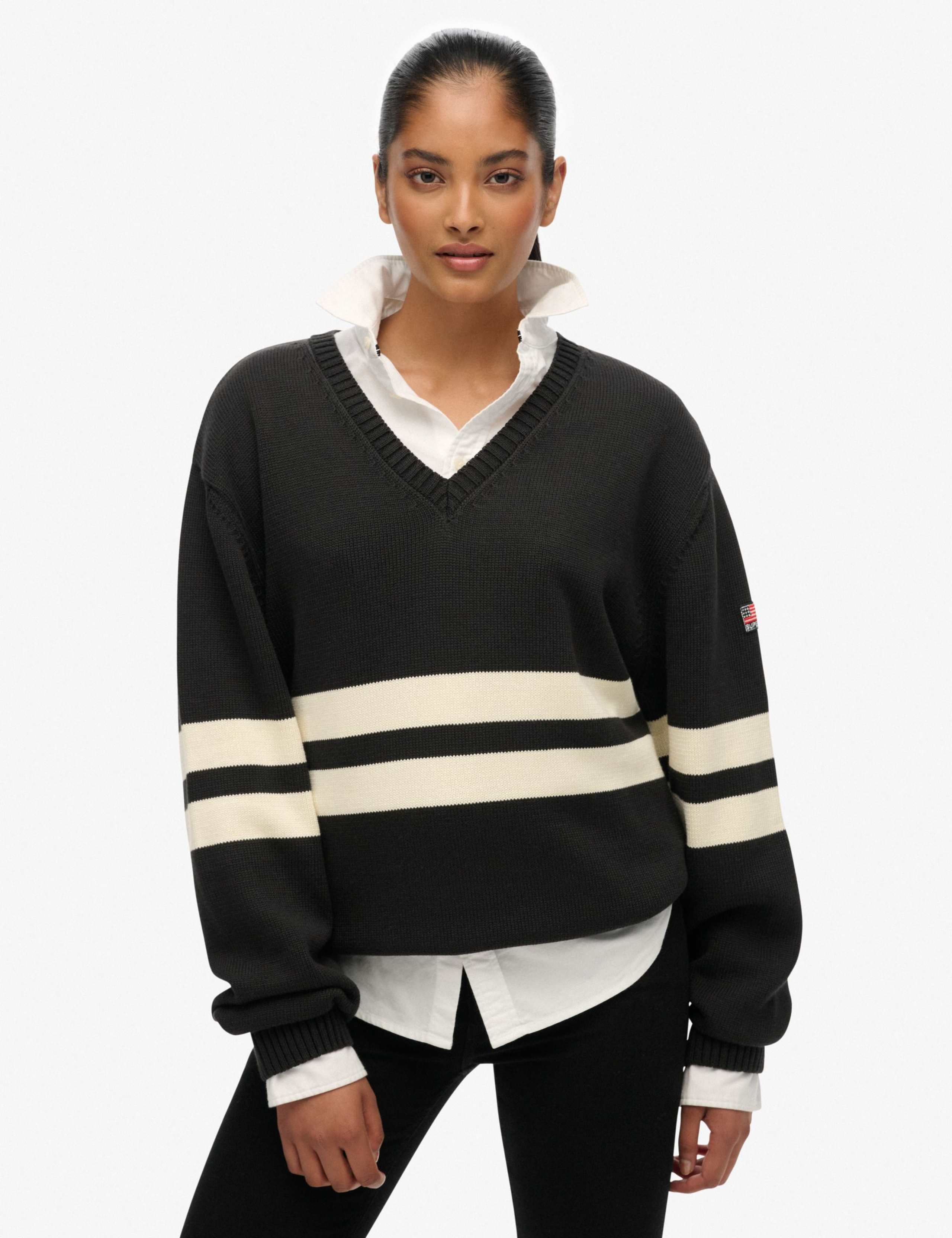 Pure Cotton Oversized Striped V-Neck Jumper