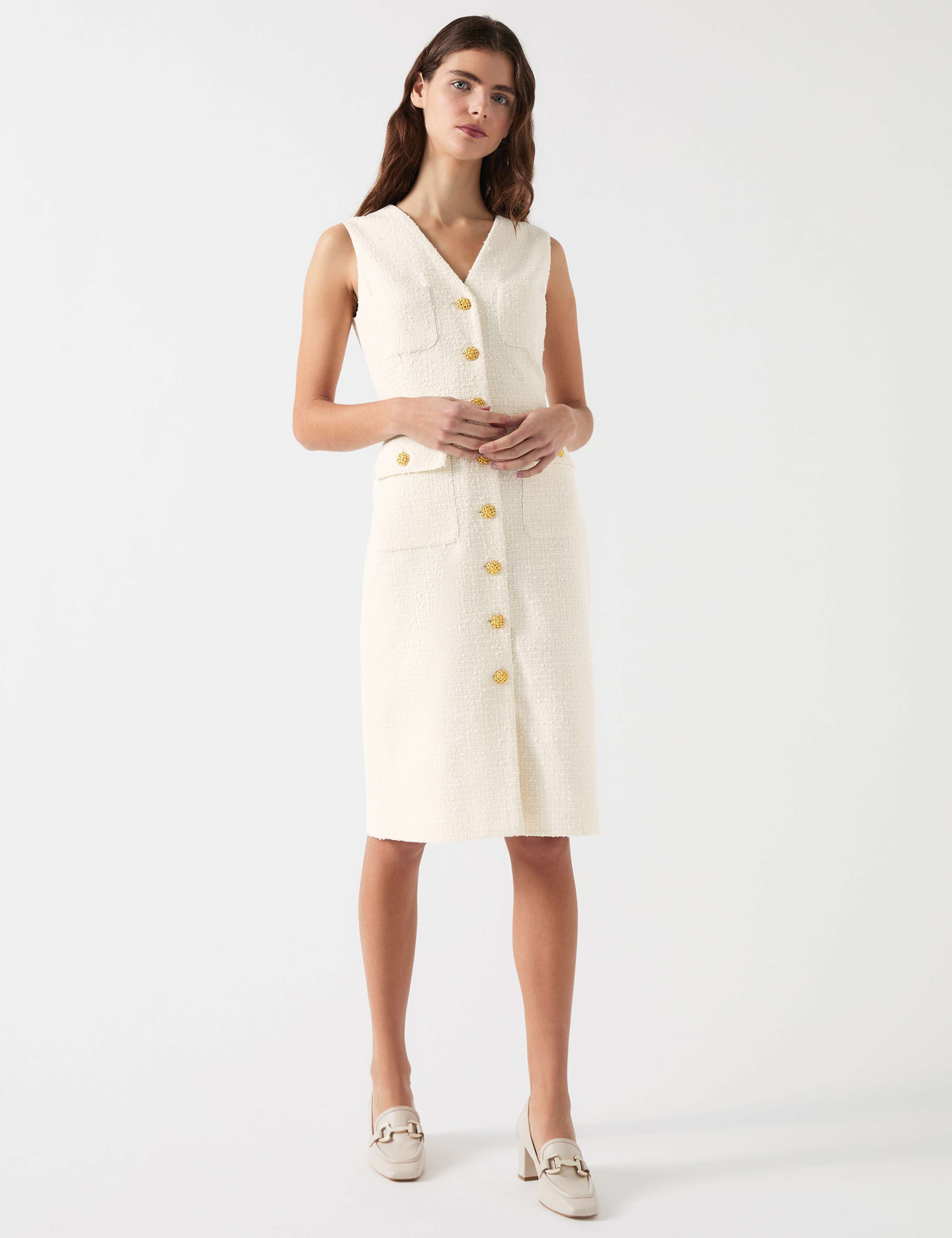 Tweed V-Neck Button Detail Tailored Dress