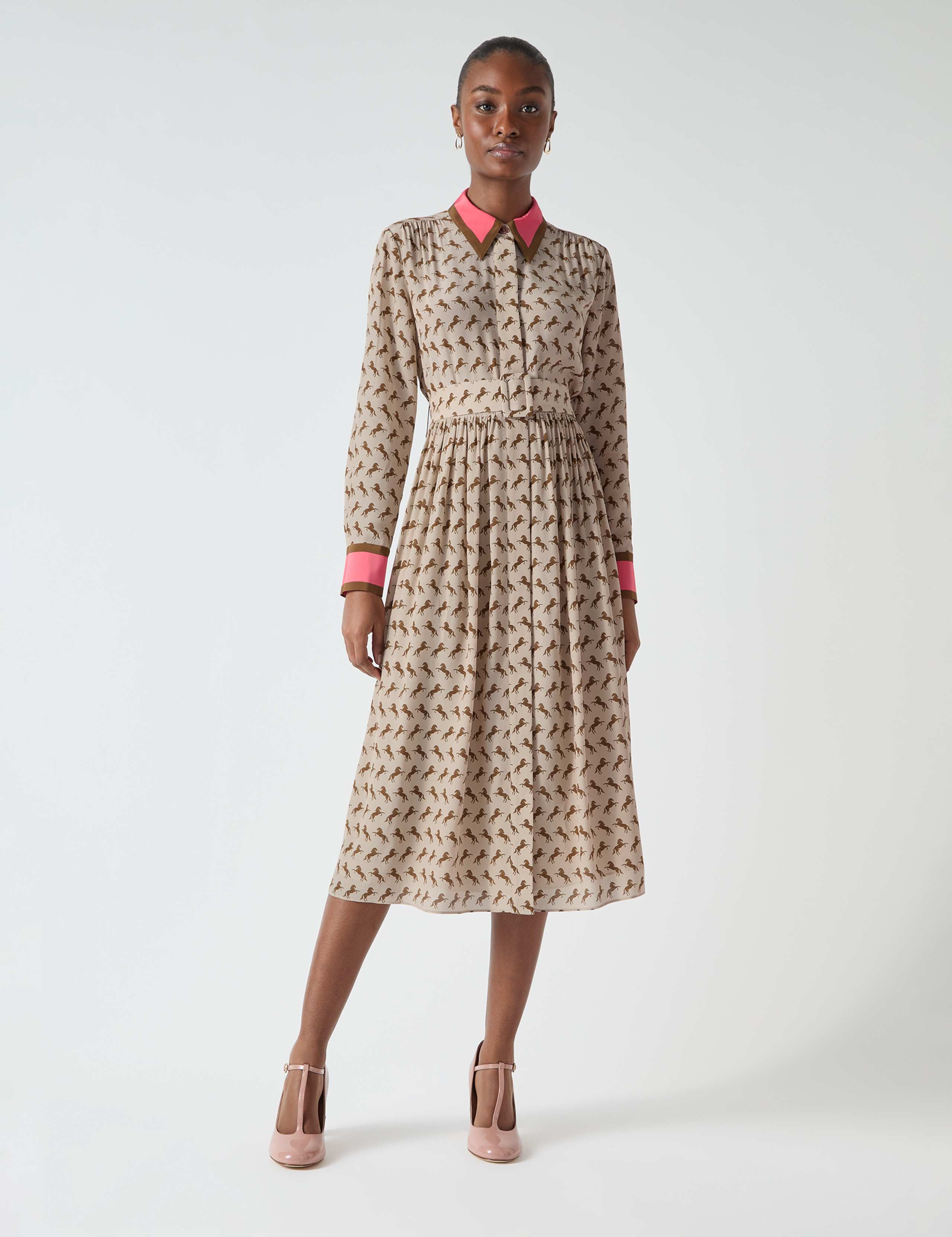 Pure Silk Printed Belted Midi Shirt Dress