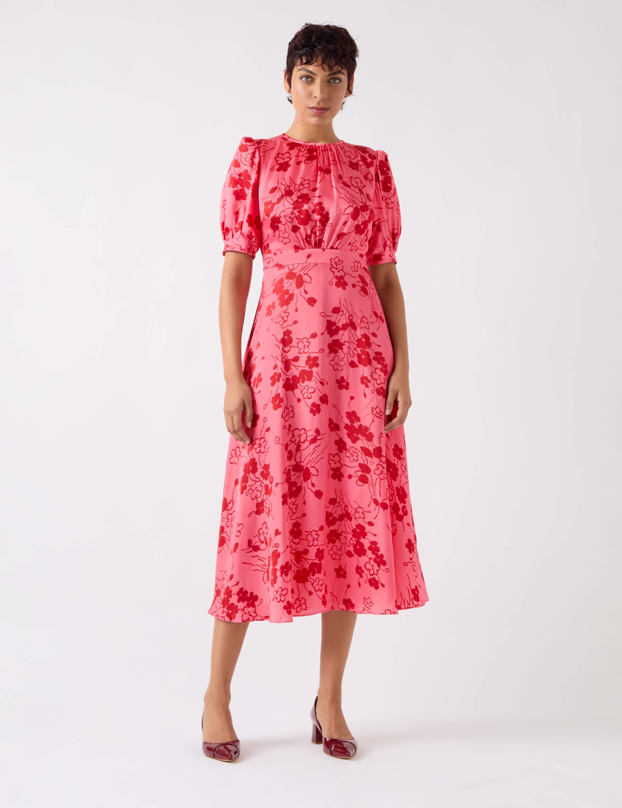 Satin Textured Floral Midi Tea Dress