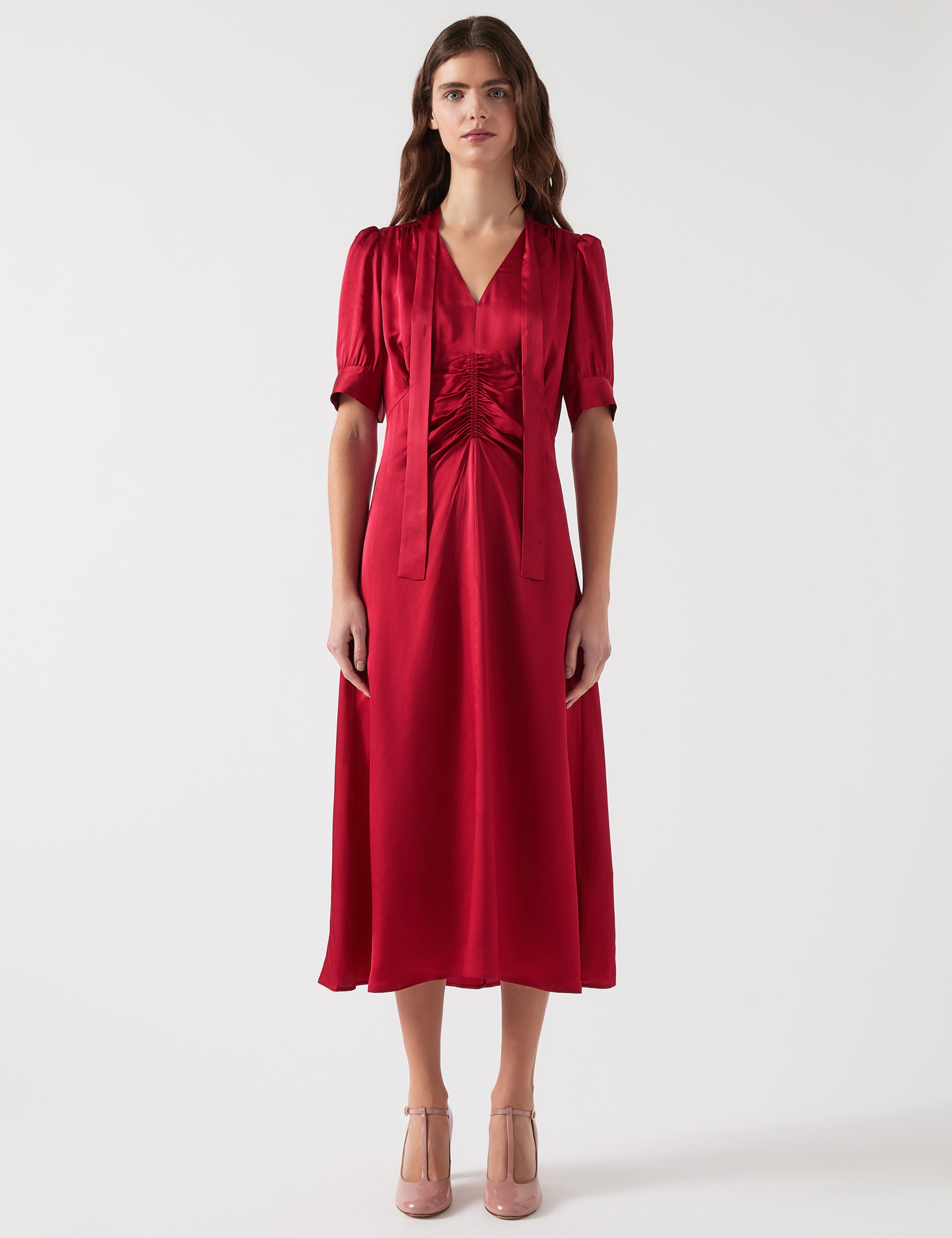 Satin V-Neck Tie Neck Midi Skater Dress