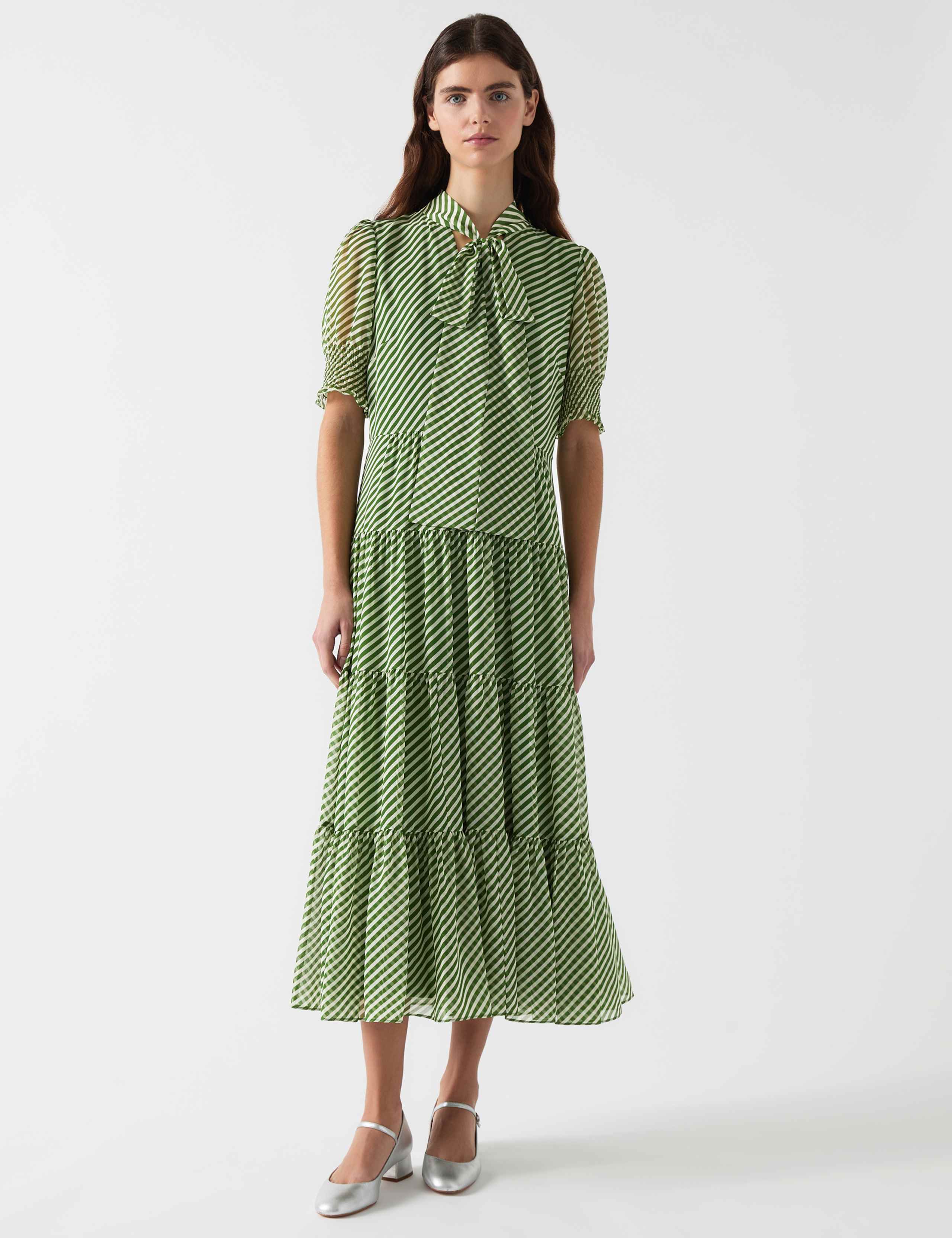 Striped V-Neck Tie Neck Midi Tiered Dress