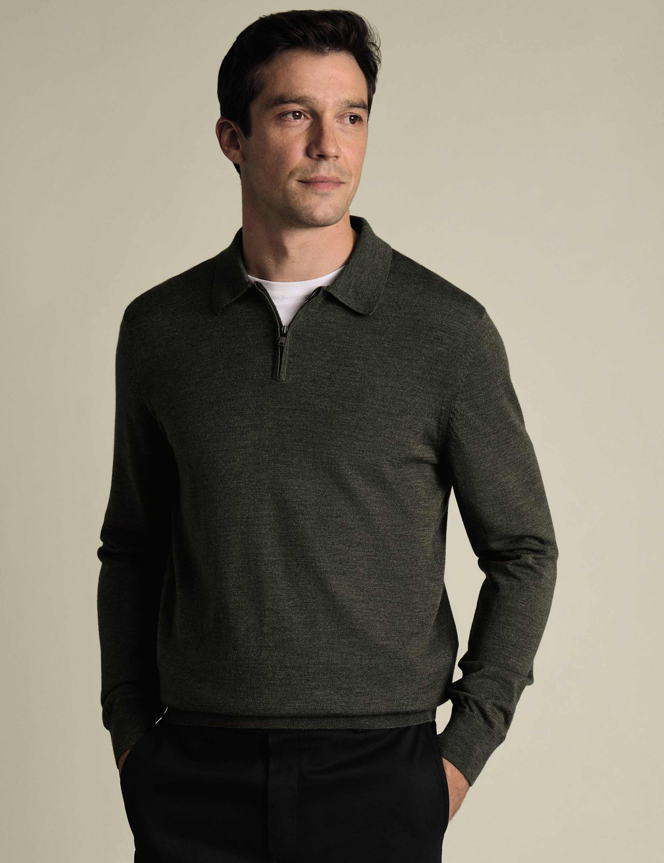 Pure Wool Half Zip Knitted Polo Shirt