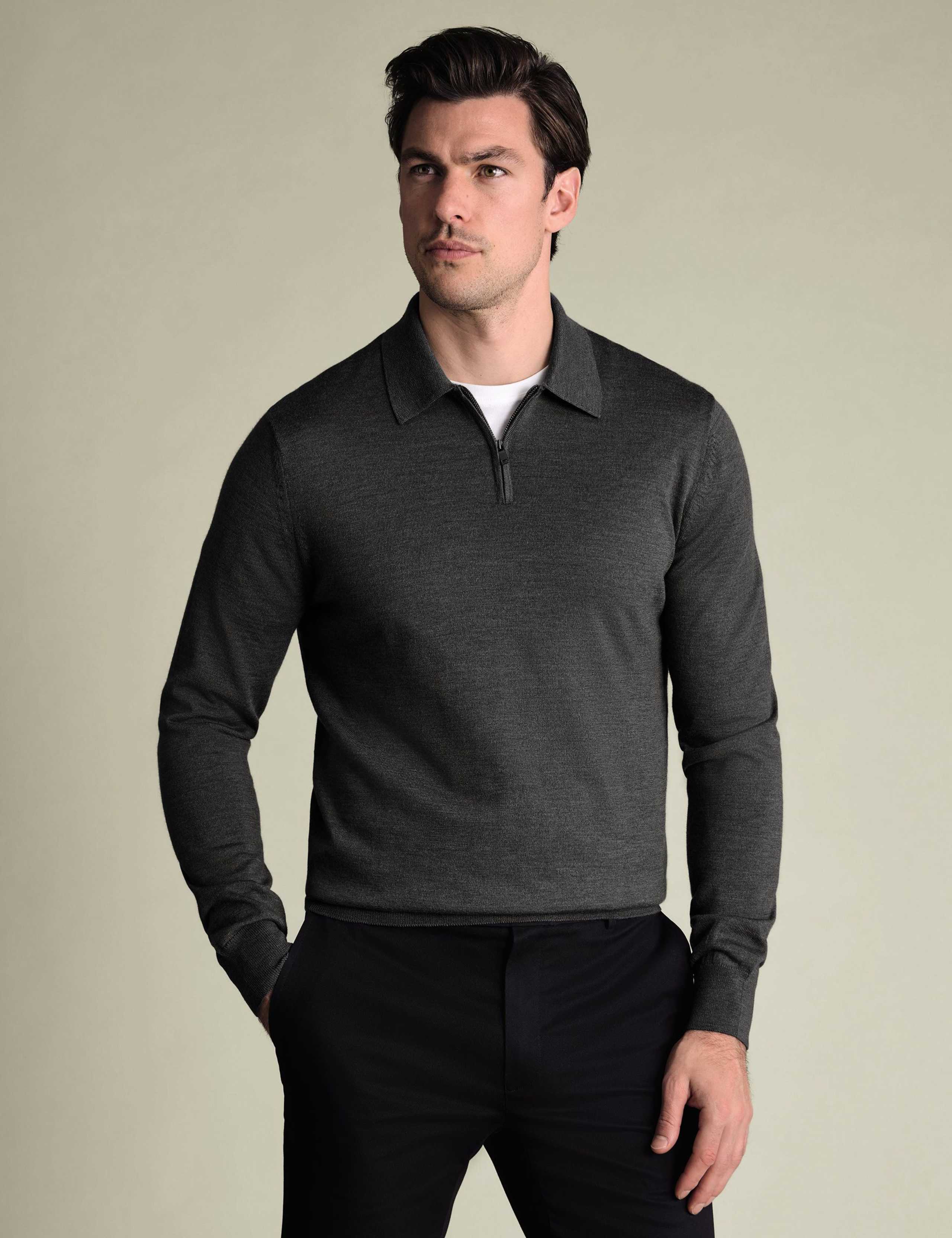 Pure Wool Half Zip Knitted Polo Shirt